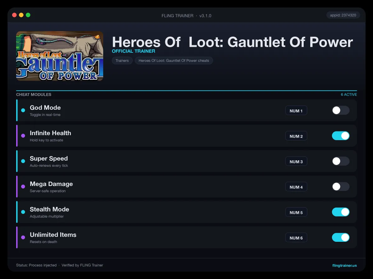 Heroes Of Loot: Gauntlet Of Power Trainer interface