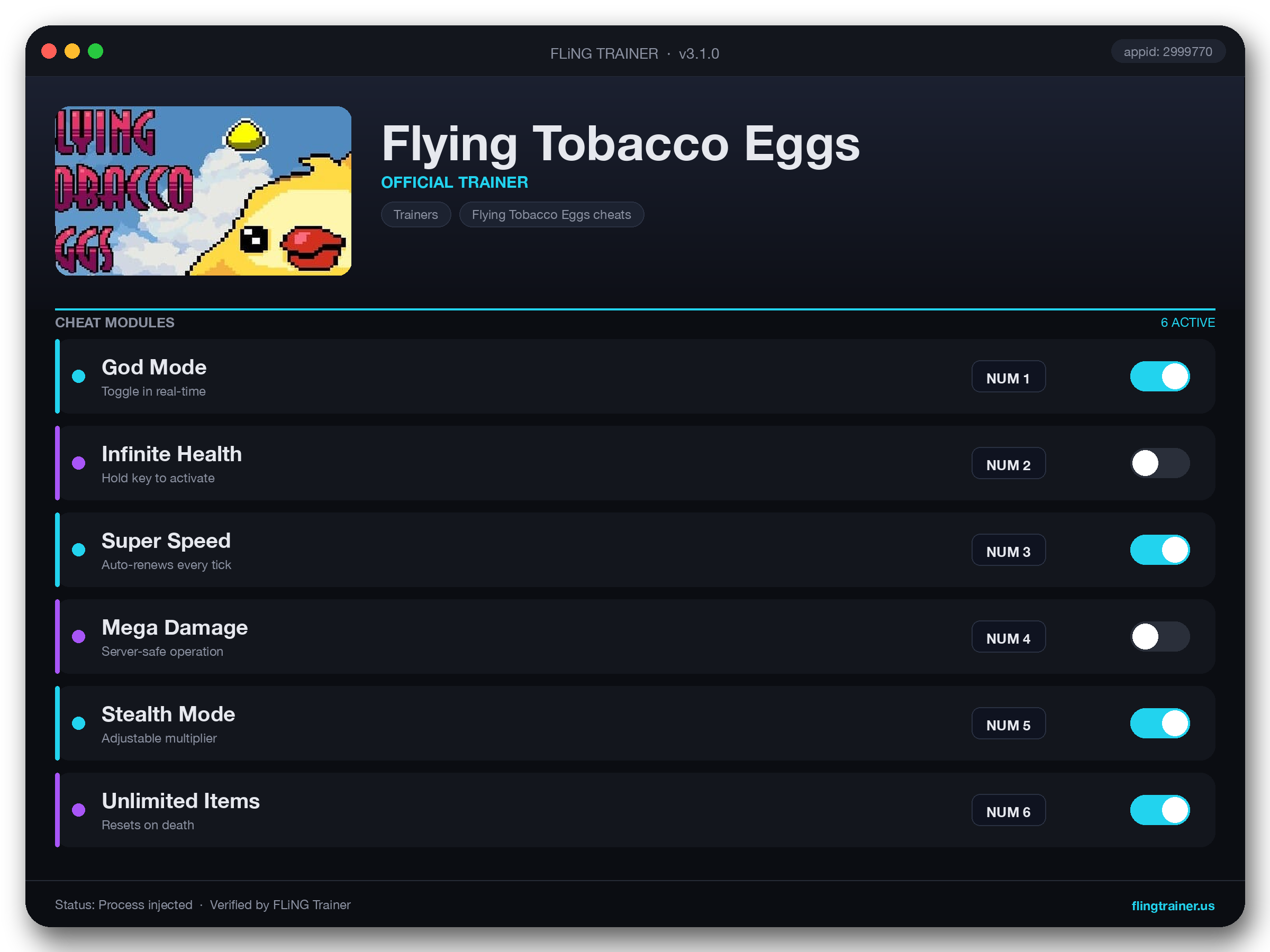 Flying Tobacco Eggs Trainer interface