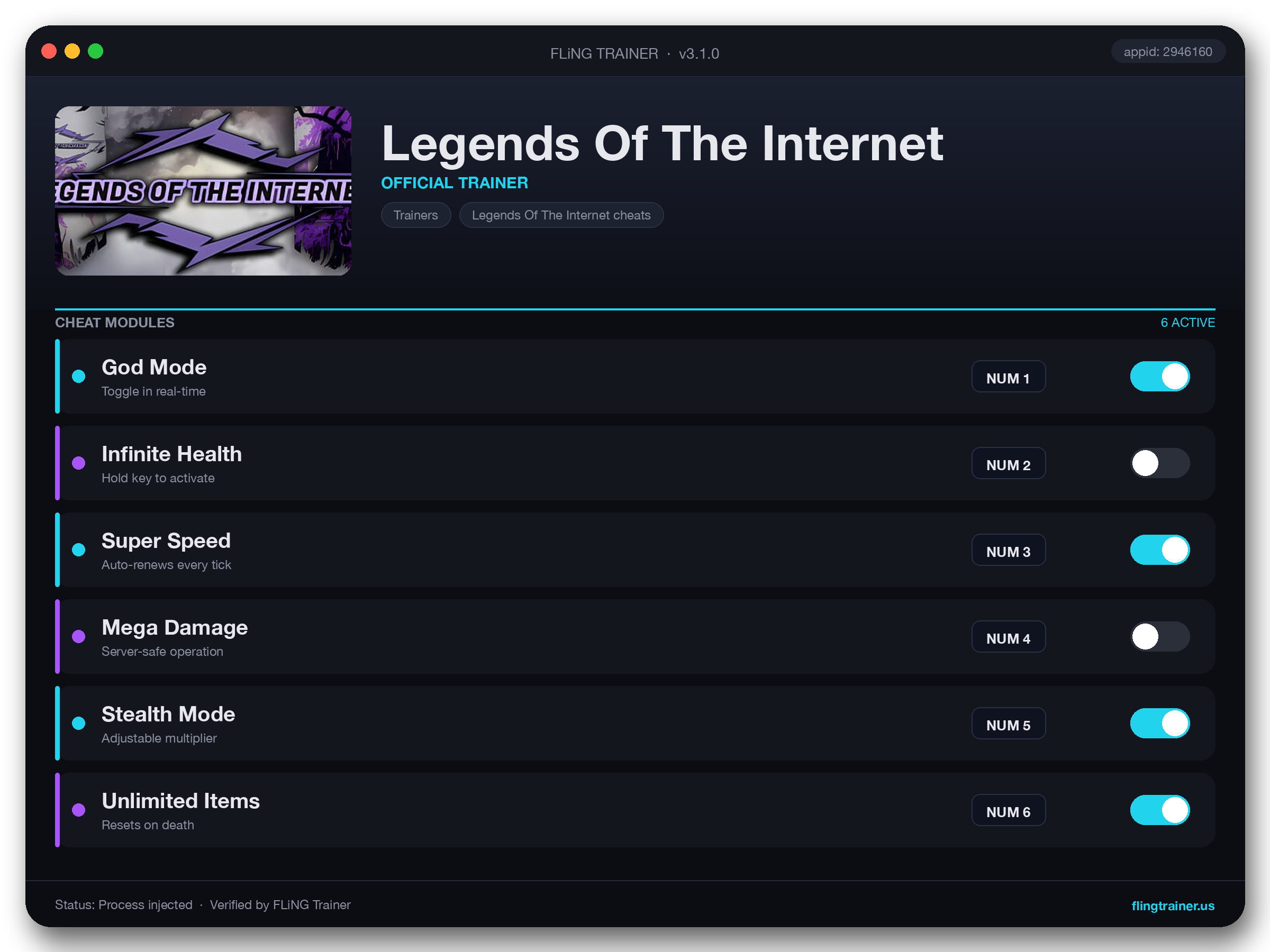 Legends Of The Internet Trainer interface