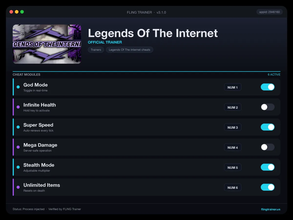 Legends Of The Internet Trainer interface