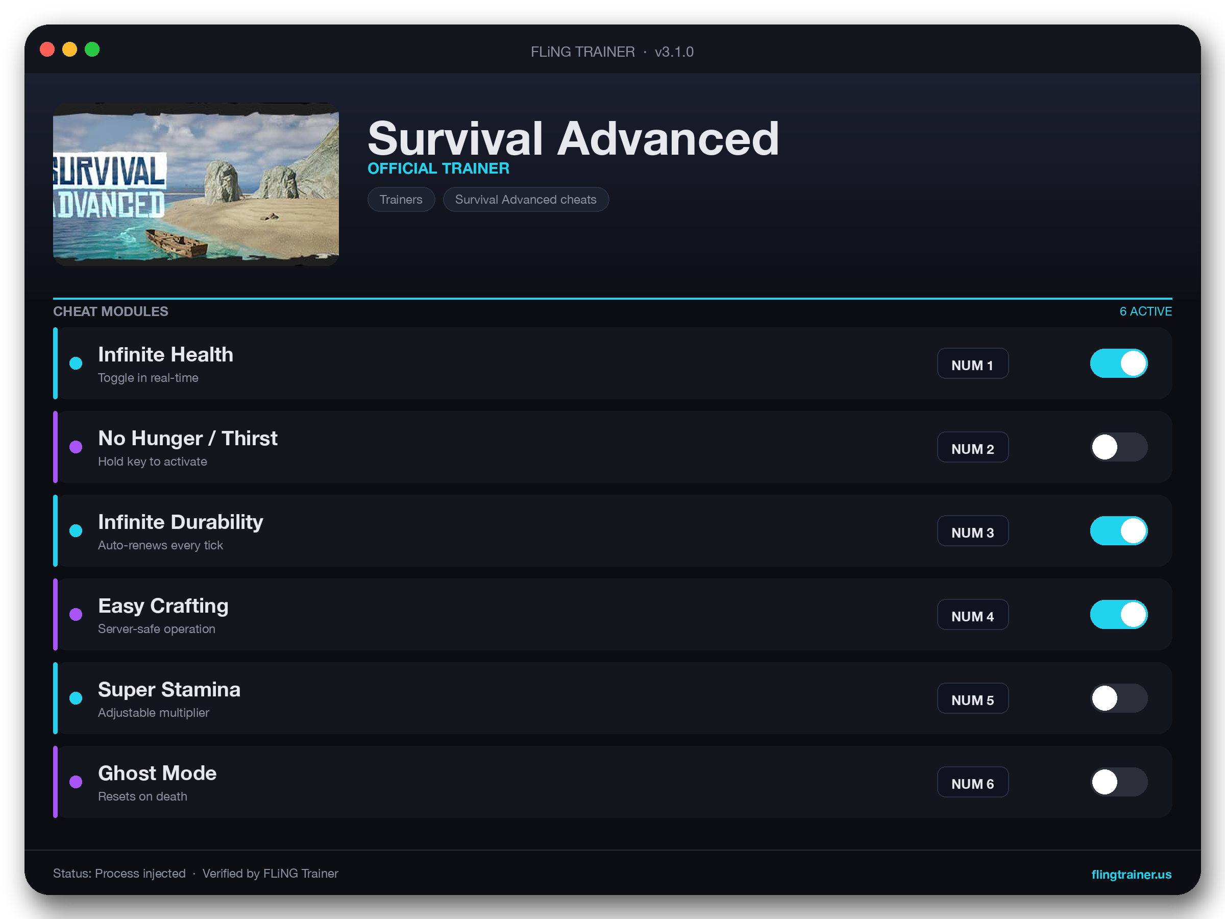 Survival Advanced Trainer interface