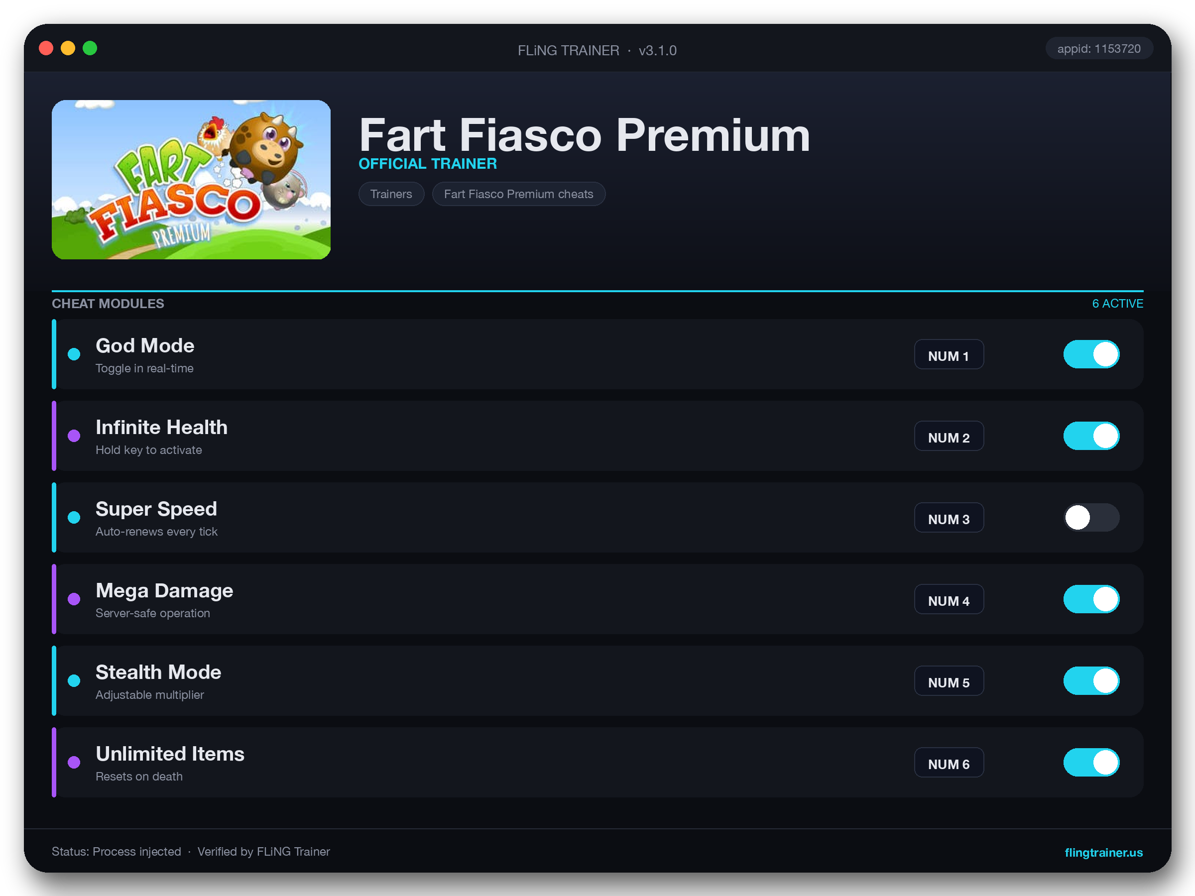 Fart Fiasco Premium Trainer interface