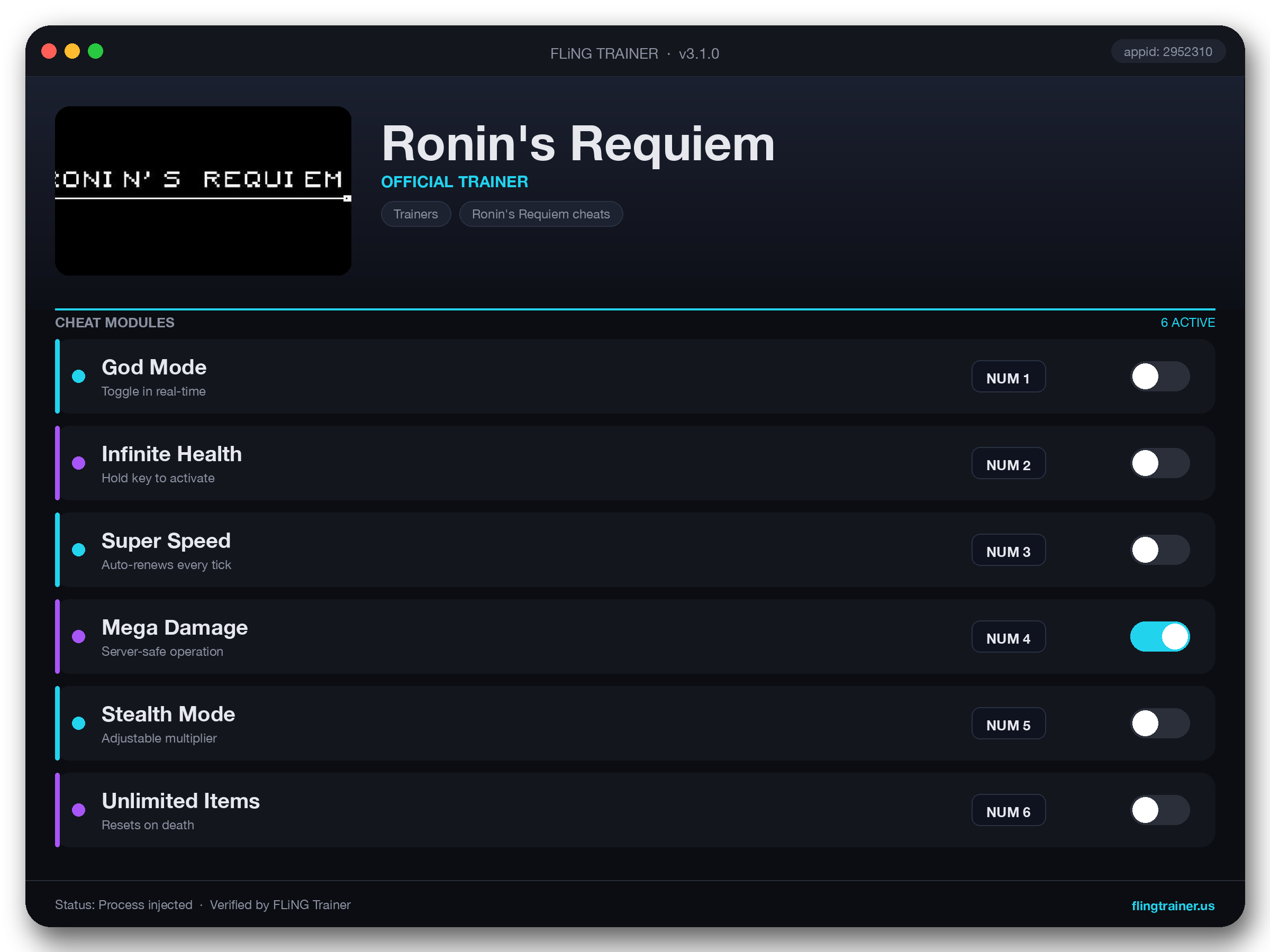 Ronin's Requiem Trainer interface