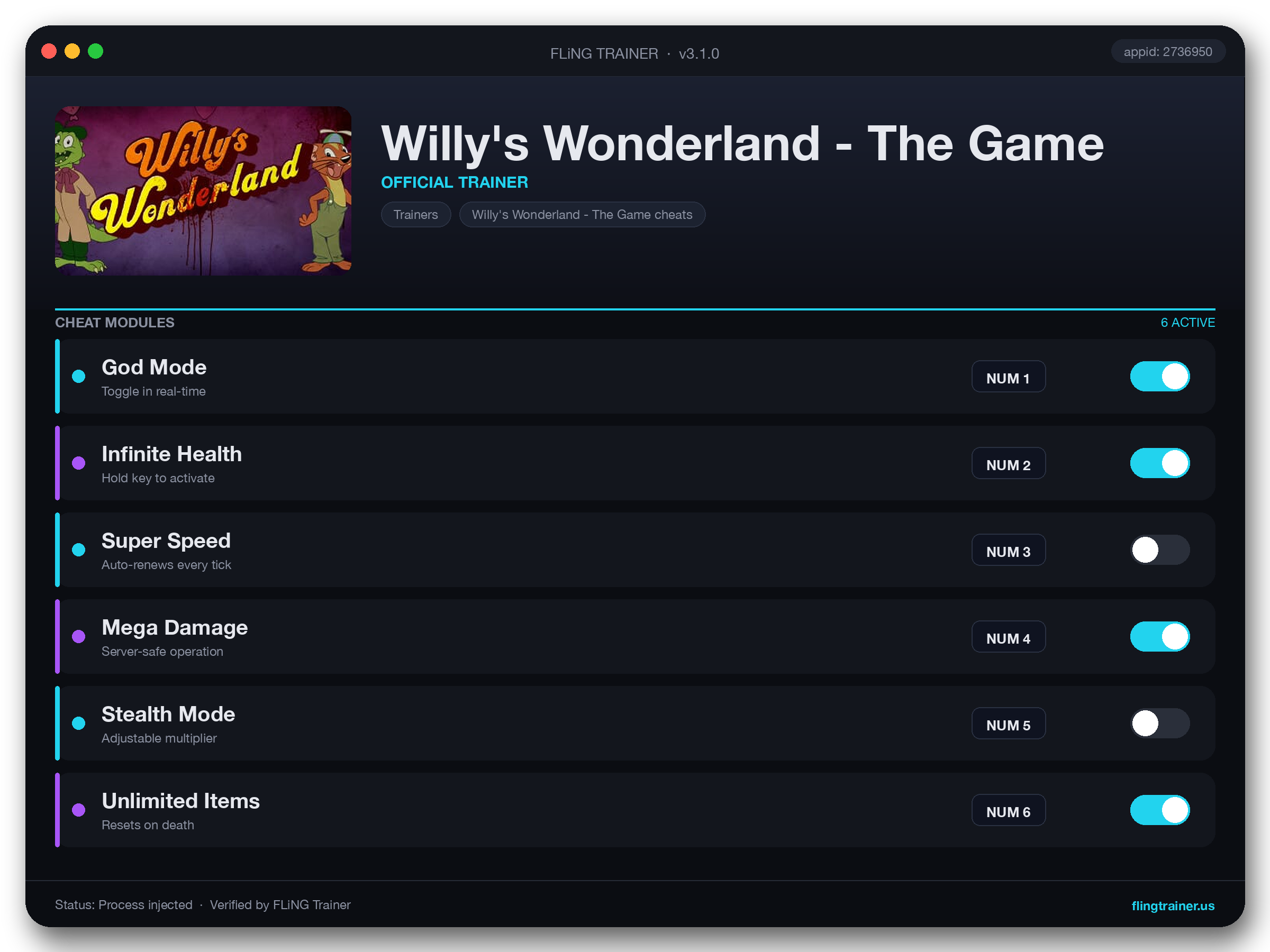 Willy's Wonderland - The Game Trainer interface