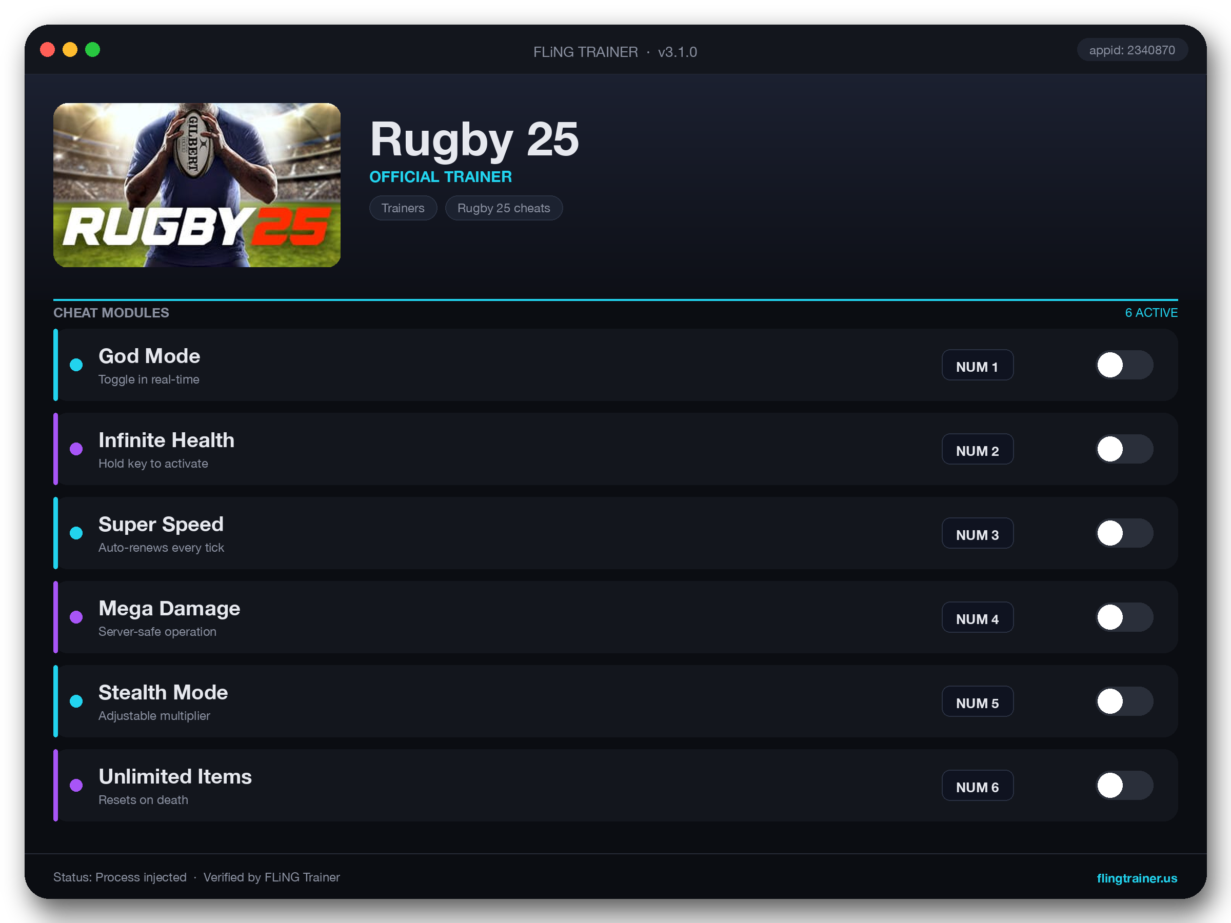 Rugby 25 Trainer interface