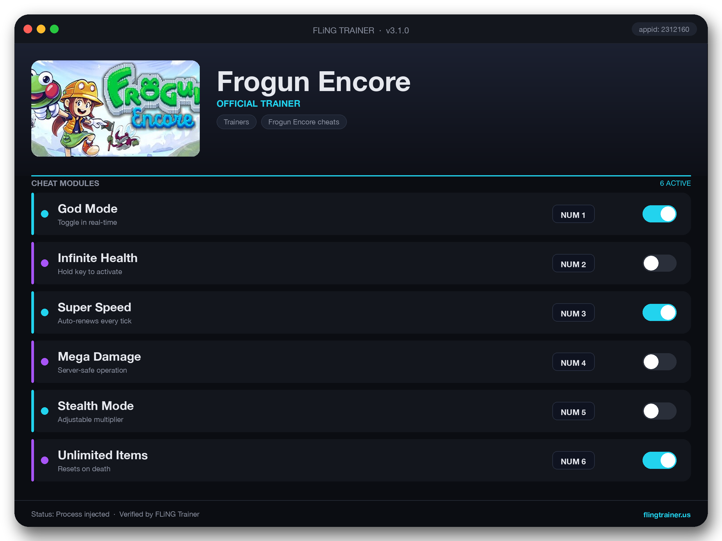 Frogun Encore Trainer interface