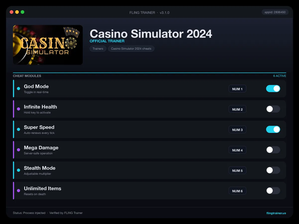 Casino Simulator 2024 Trainer interface