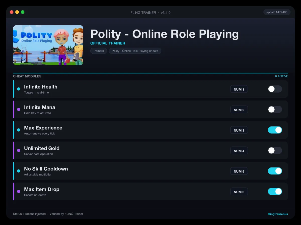 Polity - Online Role Playing Trainer interface