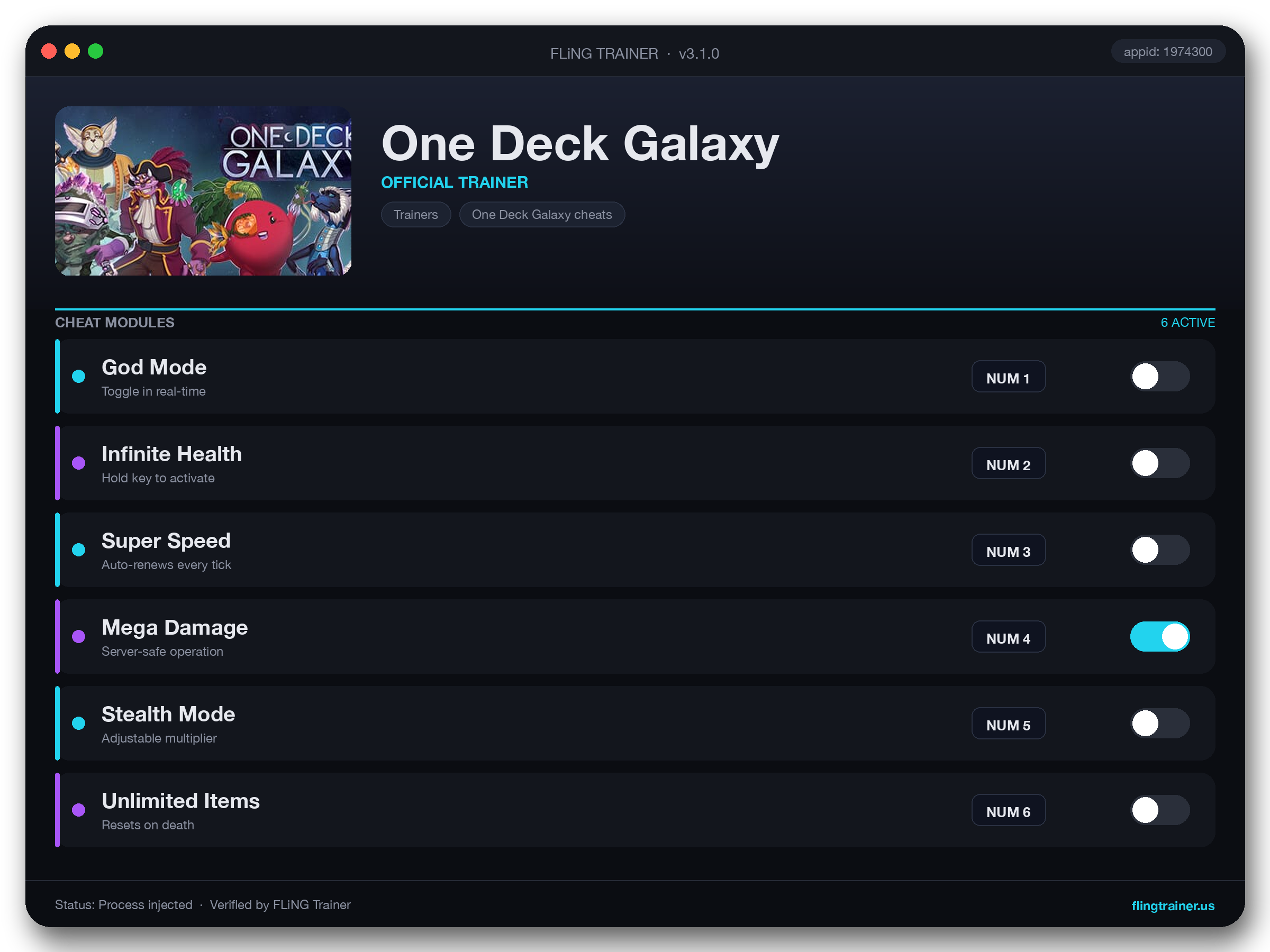 One Deck Galaxy Trainer interface