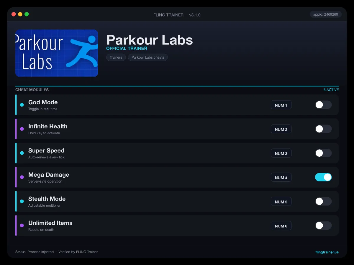 Parkour Labs Trainer interface