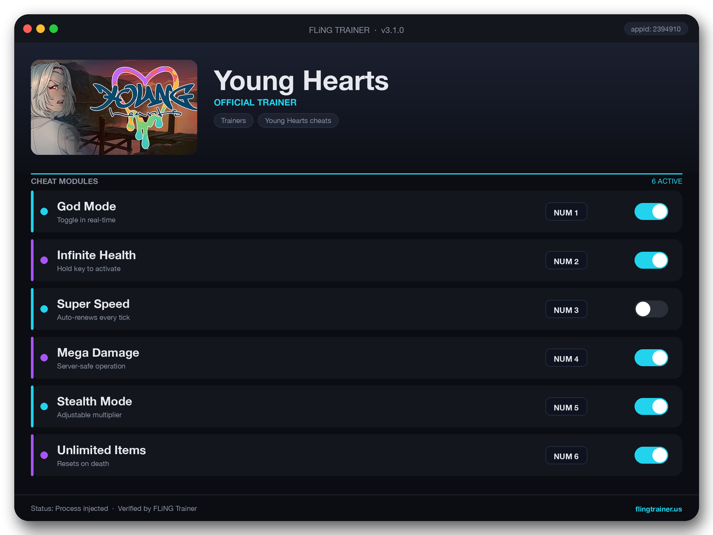 Young Hearts Trainer interface