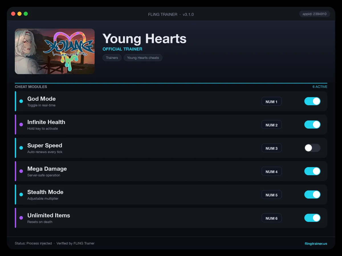 Young Hearts Trainer interface