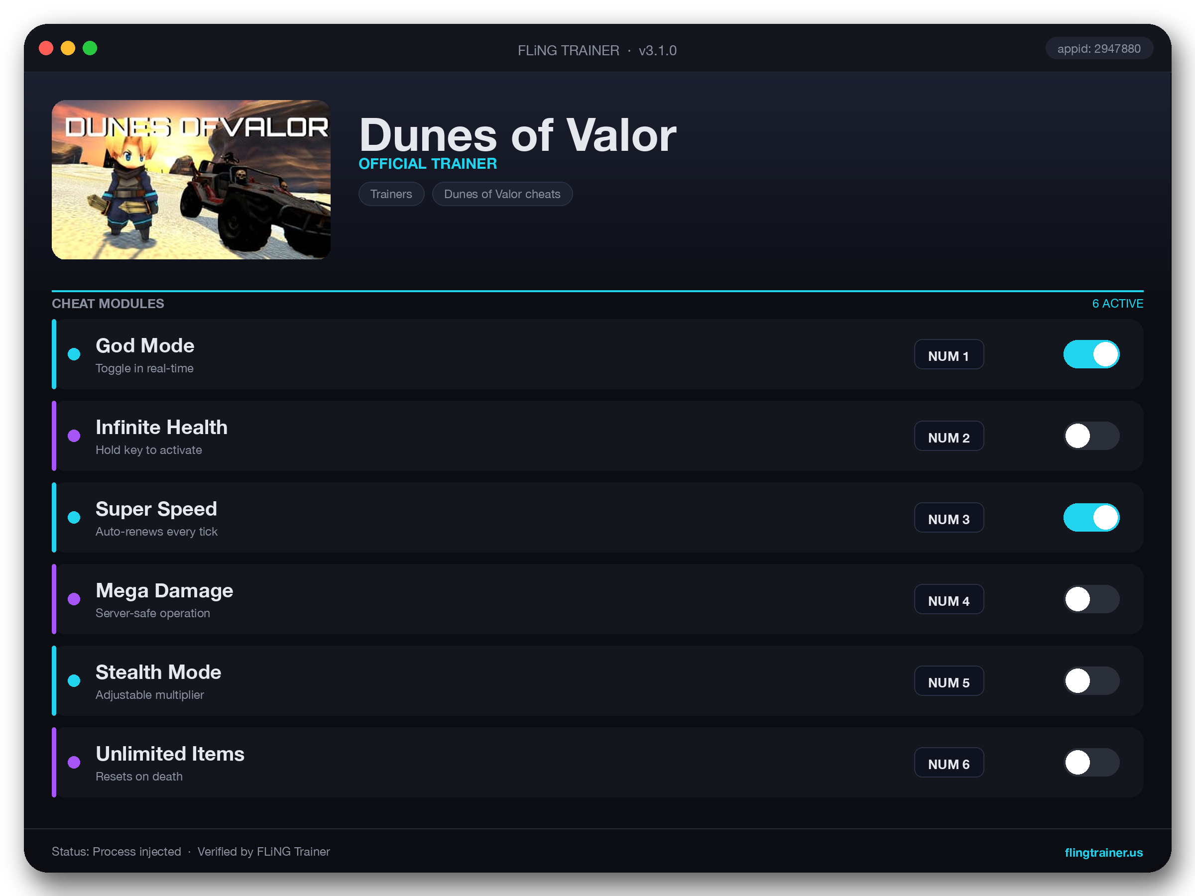 Dunes of Valor Trainer interface