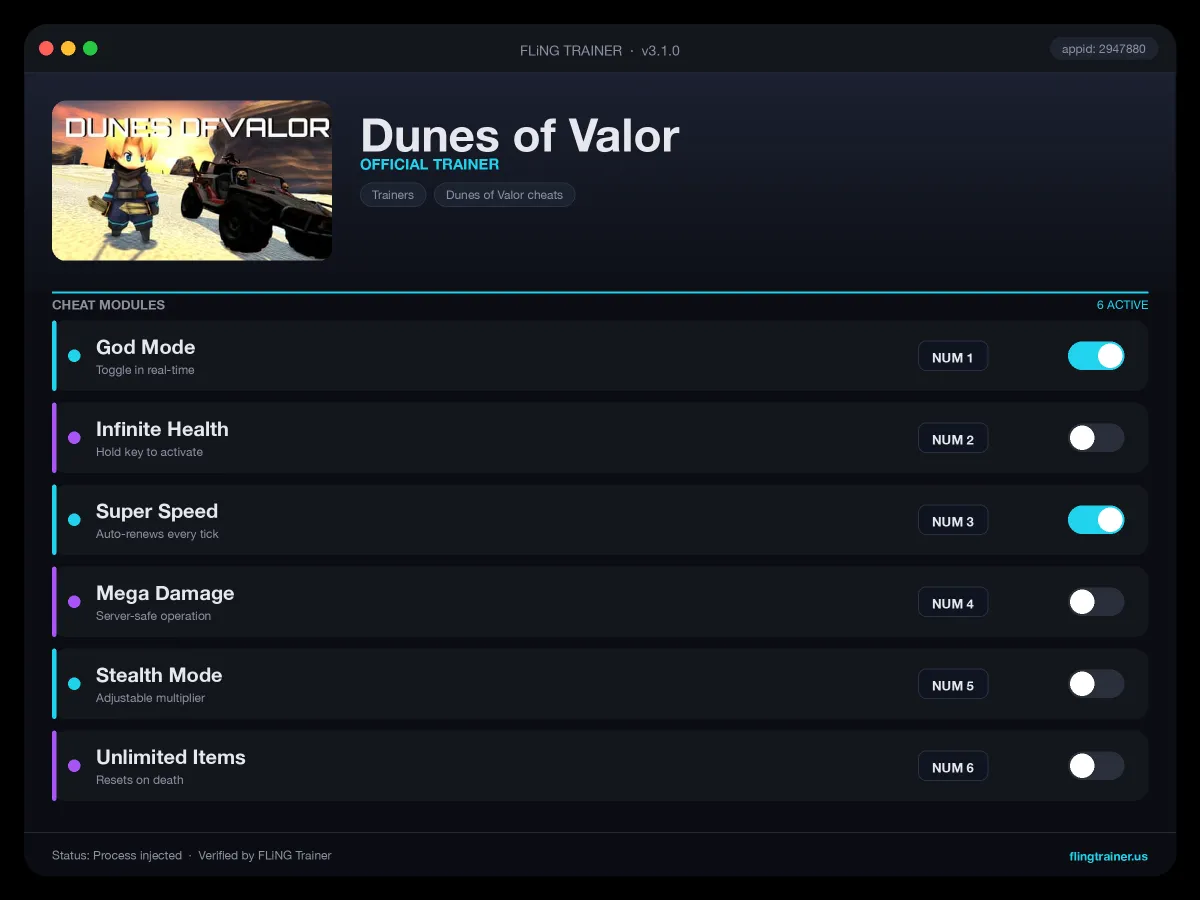 Dunes of Valor Trainer interface