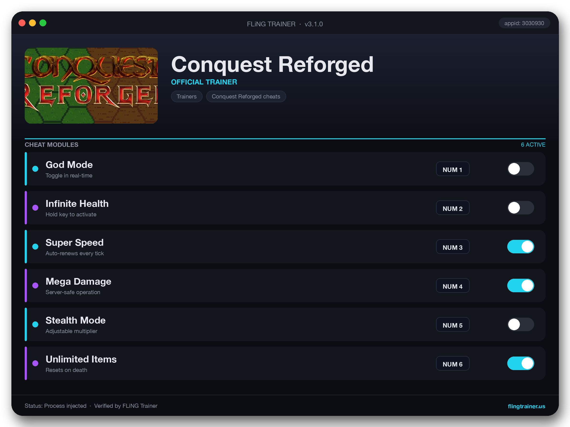 Conquest Reforged Trainer interface