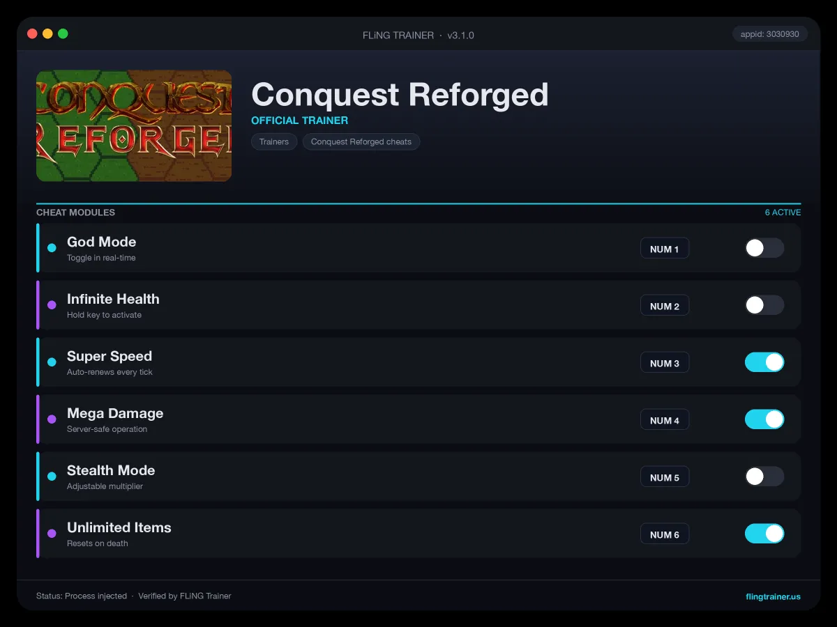 Conquest Reforged Trainer interface