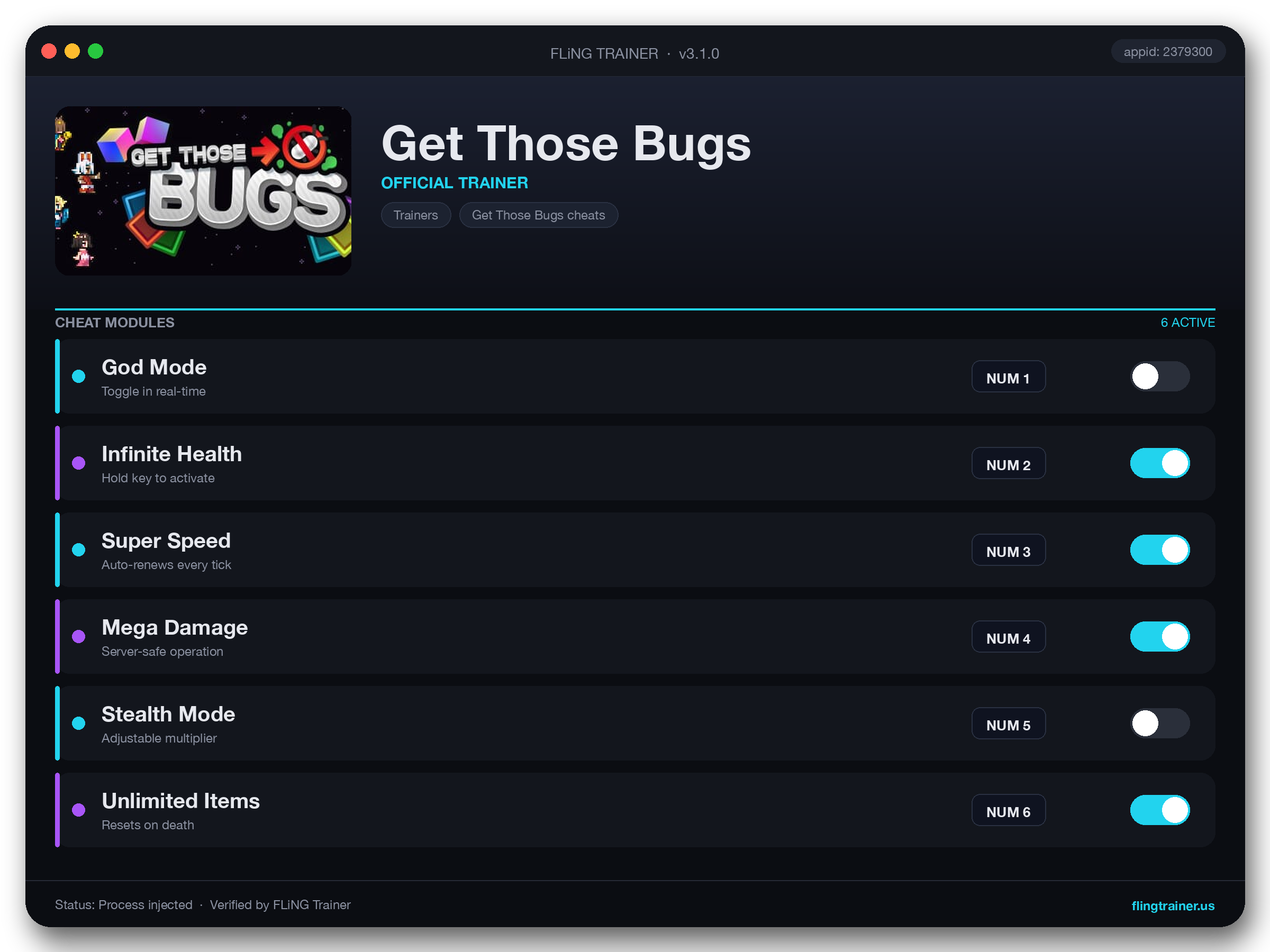 Get Those Bugs Trainer interface