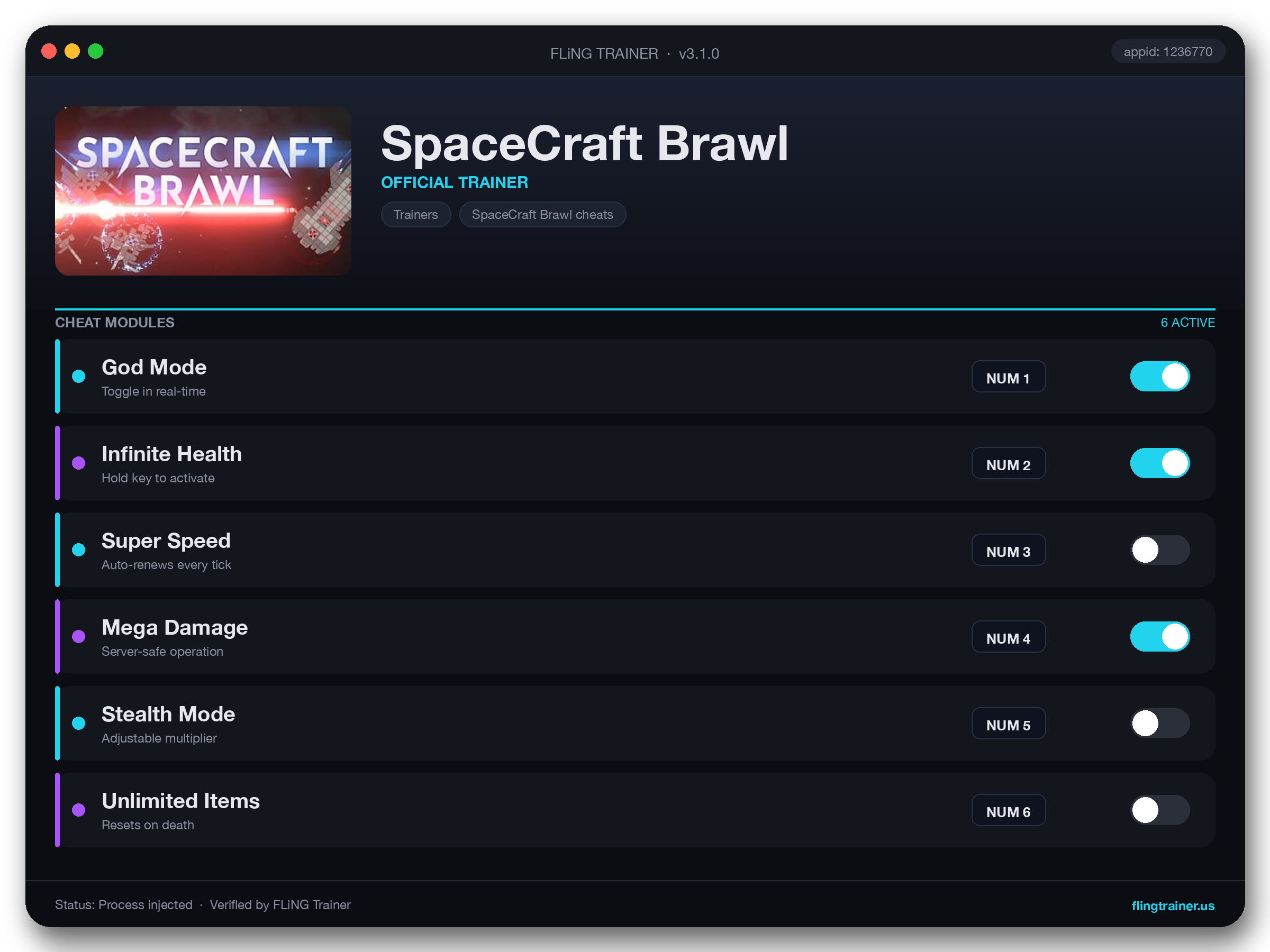 SpaceCraft Brawl Trainer interface
