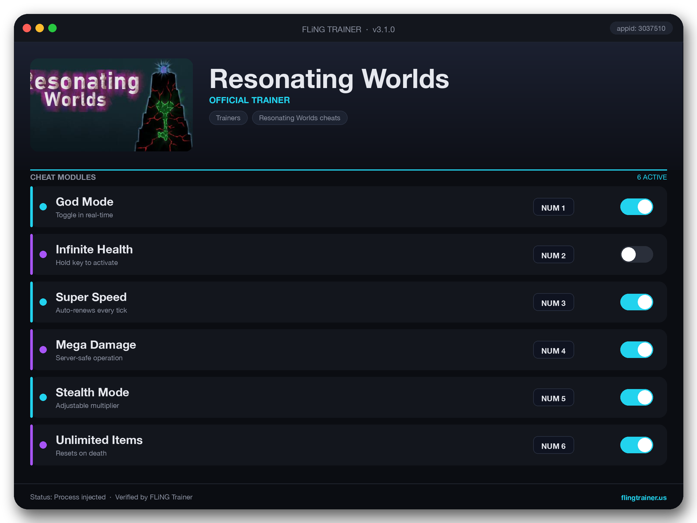 Resonating Worlds Trainer interface