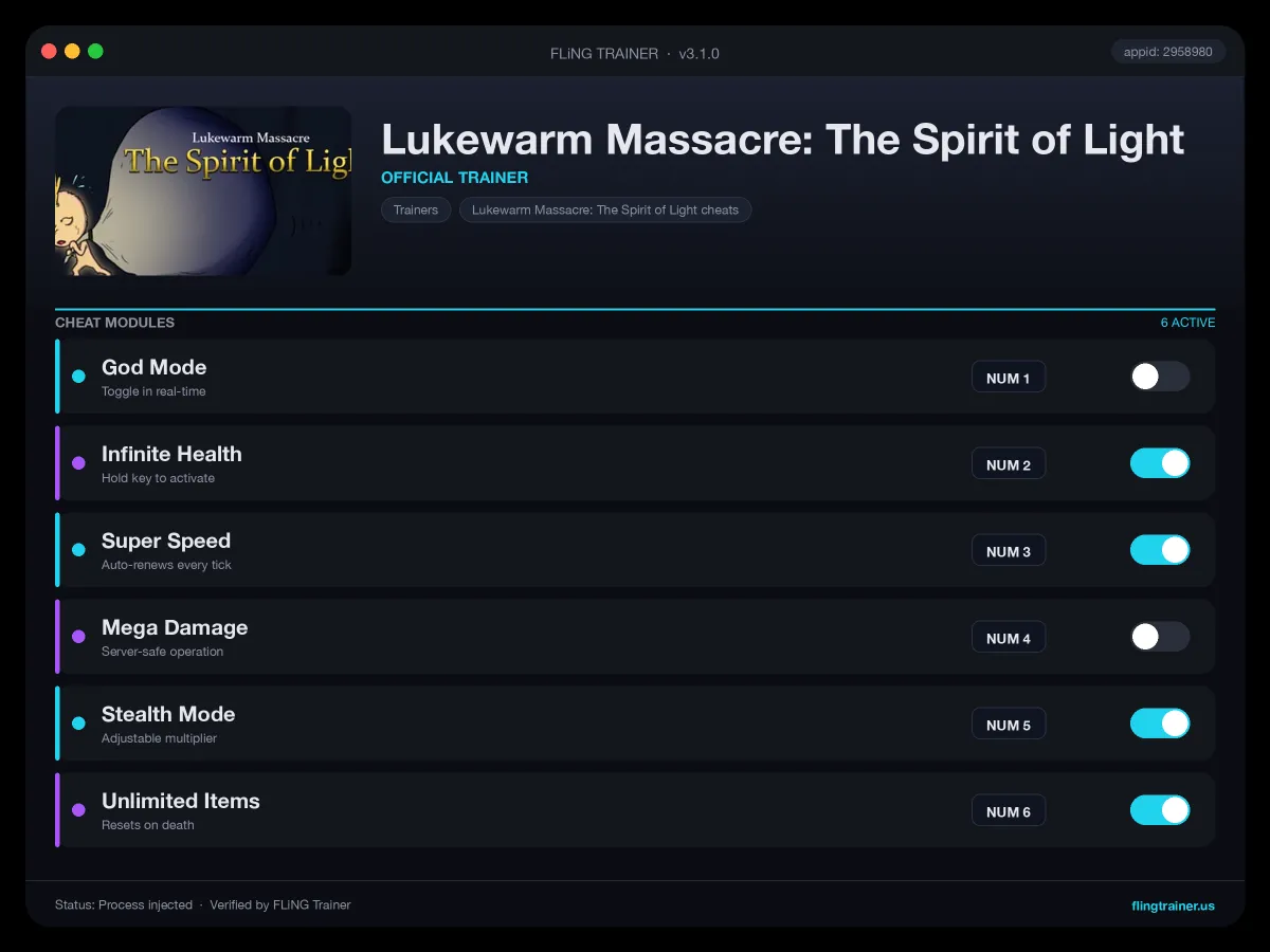 Lukewarm Massacre: The Spirit of Light Trainer interface