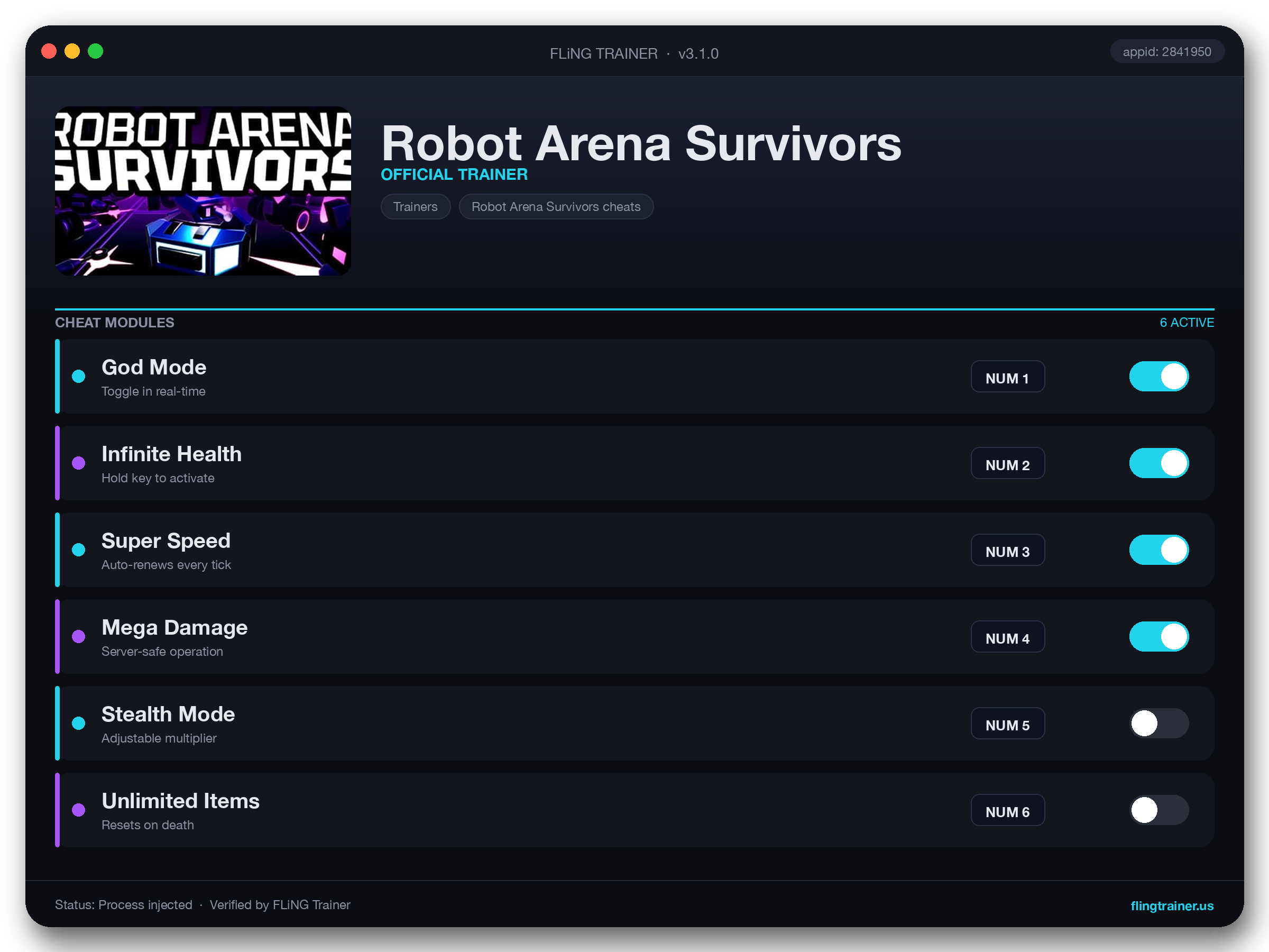 Robot Arena Survivors Trainer interface