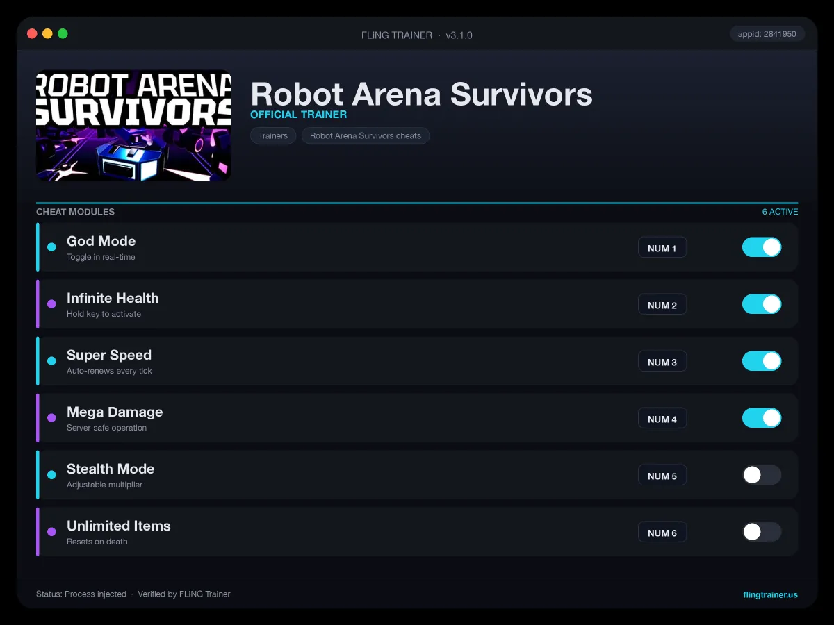 Robot Arena Survivors Trainer interface