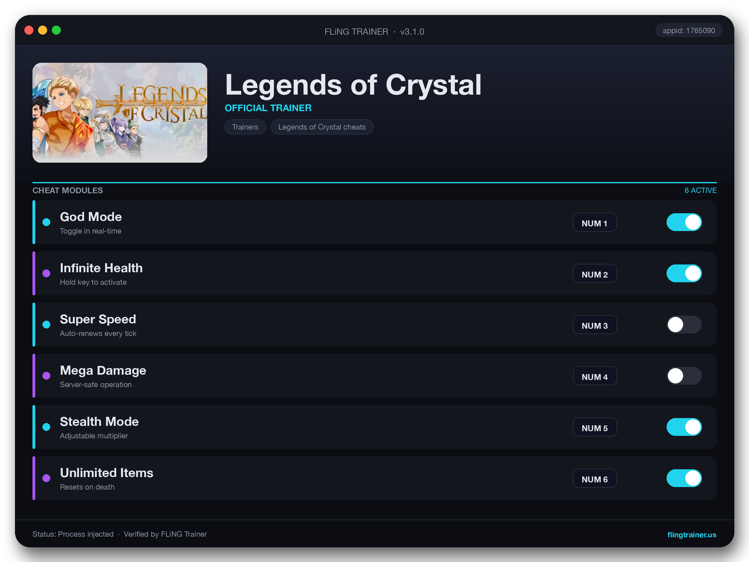 Legends of Crystal Trainer interface