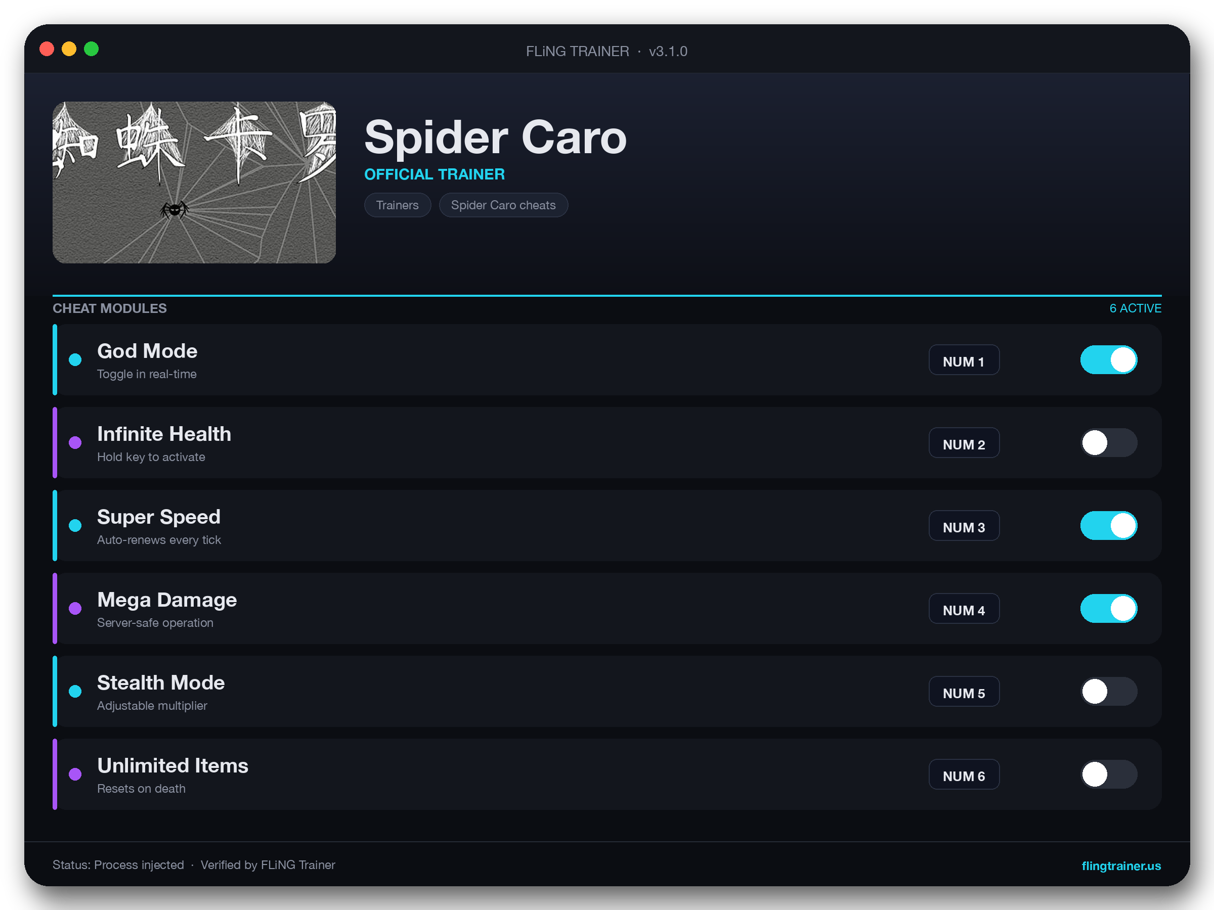 Spider Caro Trainer interface