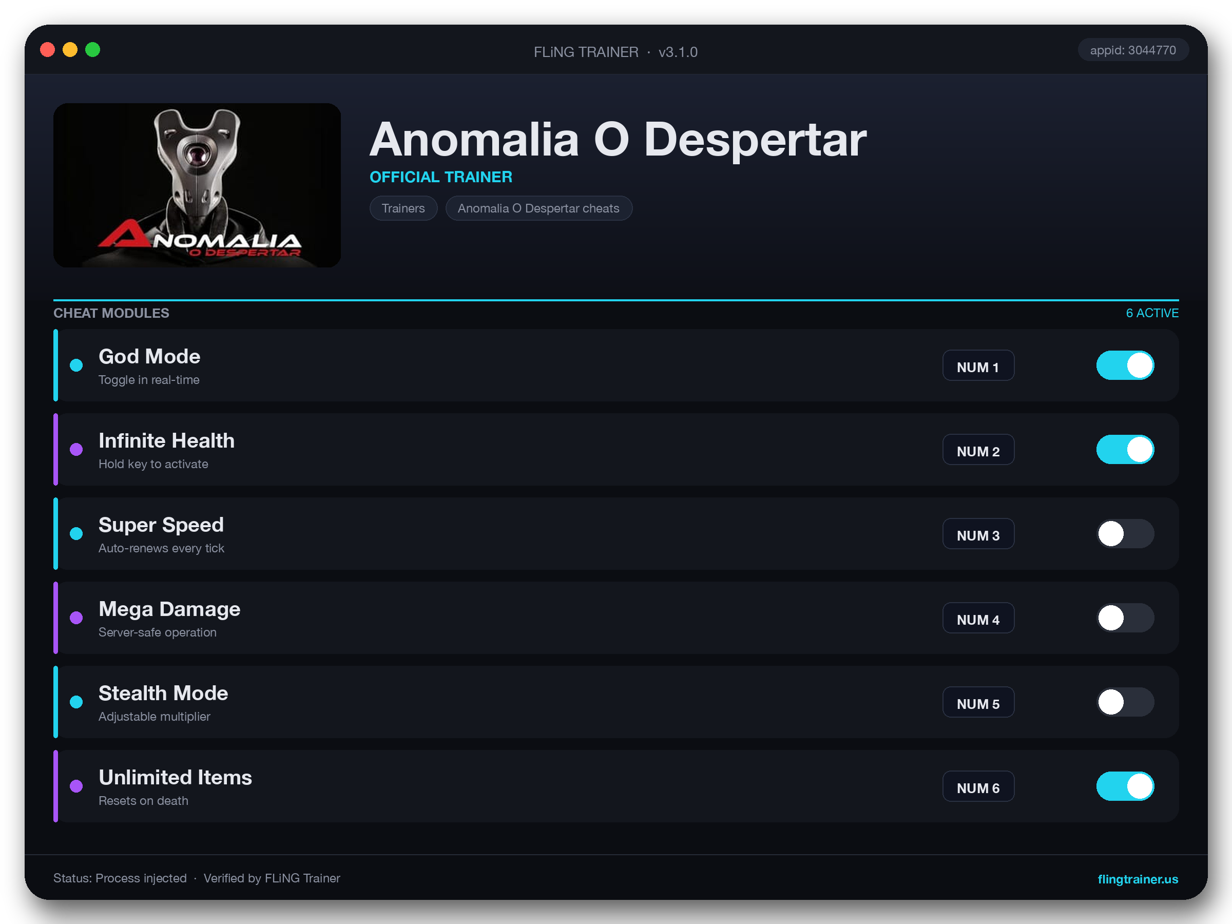Anomalia O Despertar Trainer interface