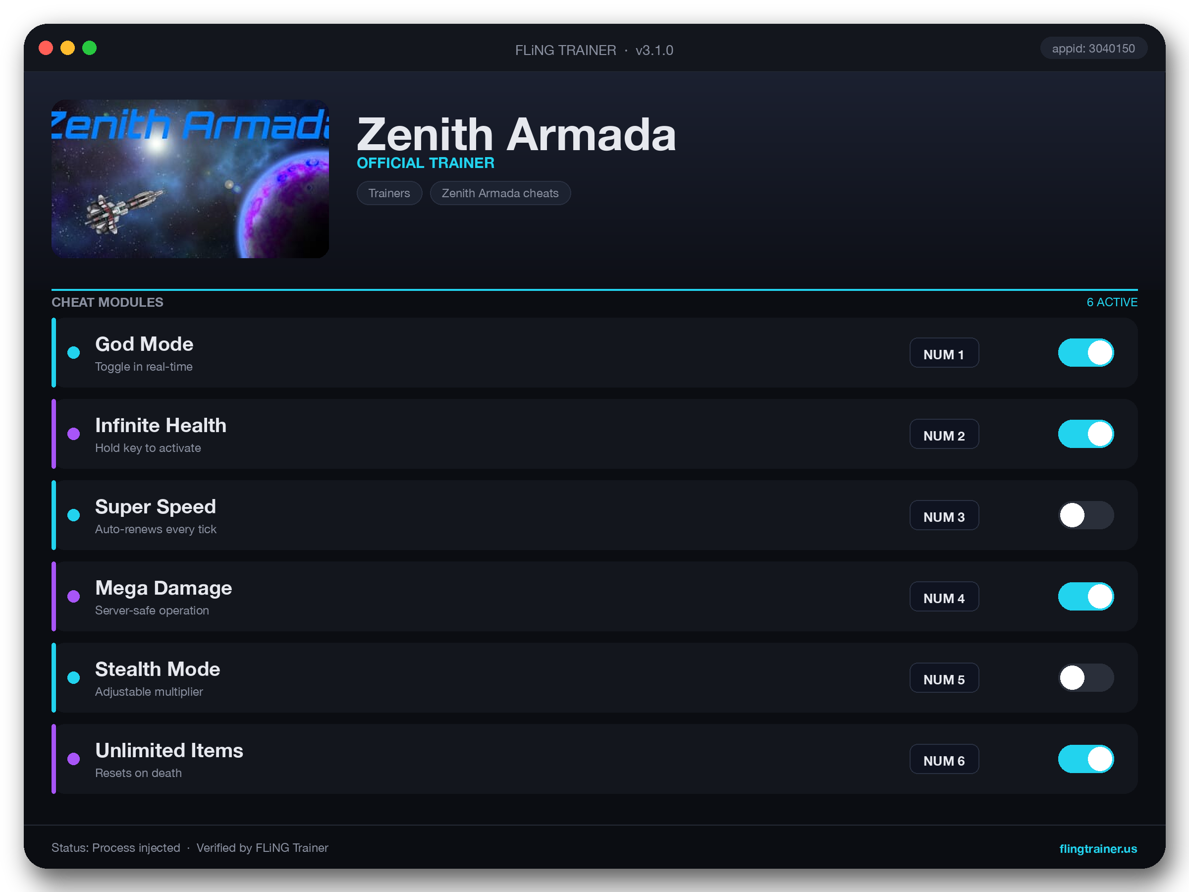 Zenith Armada Trainer interface