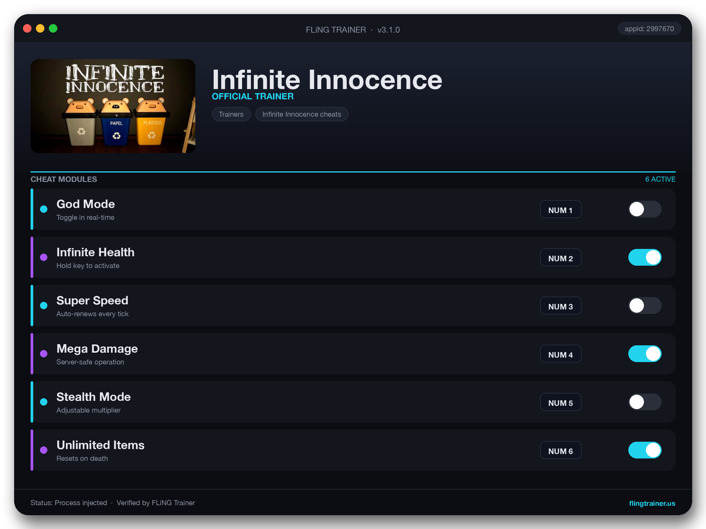 Infinite Innocence Trainer interface