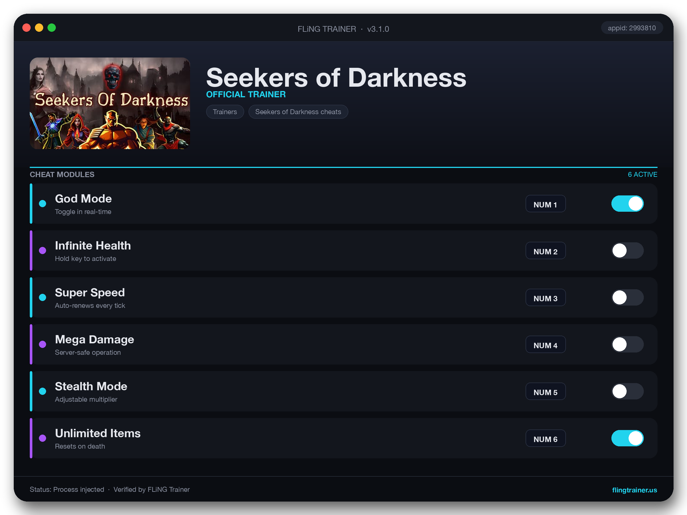 Seekers of Darkness Trainer interface