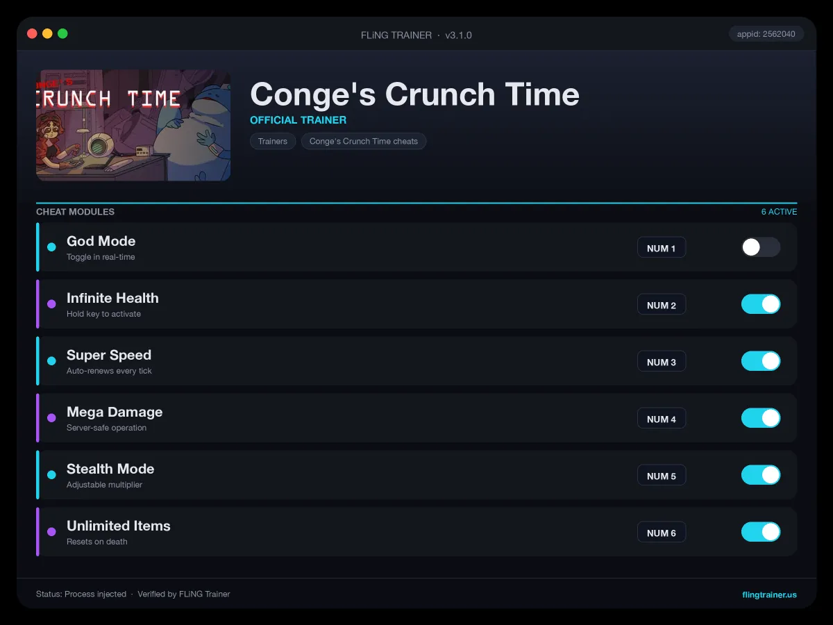 Conge's Crunch Time Trainer interface