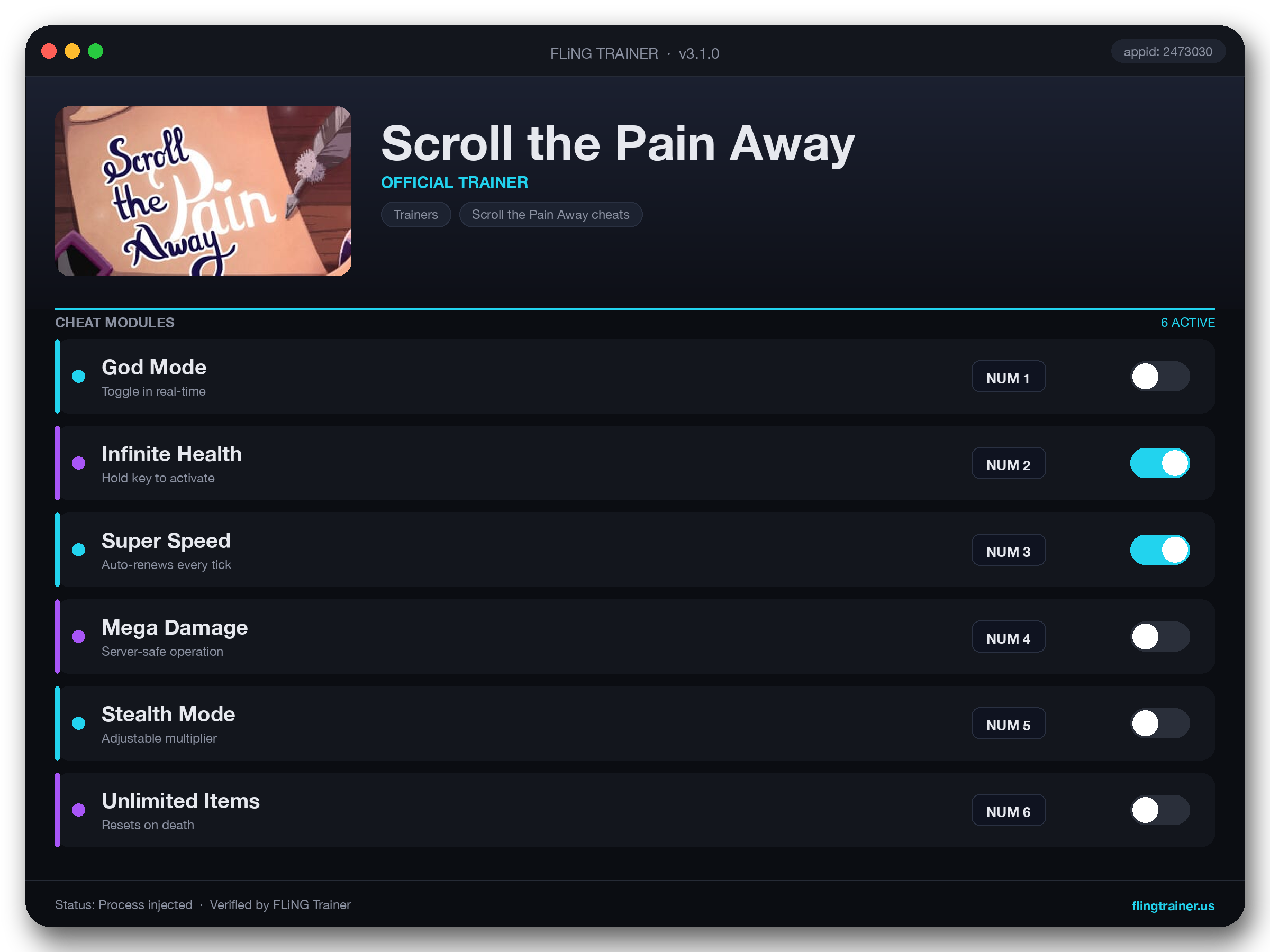 Scroll the Pain Away Trainer interface