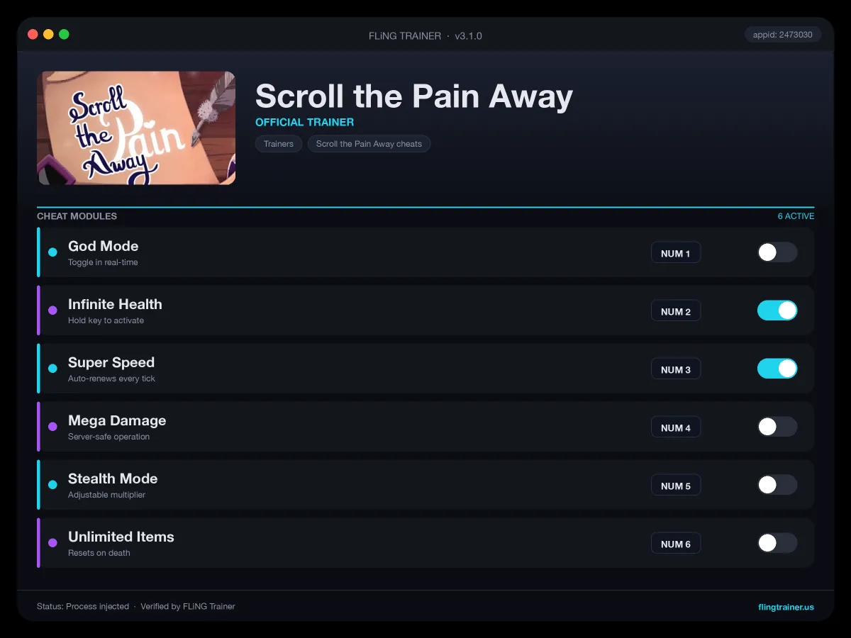 Scroll the Pain Away Trainer interface