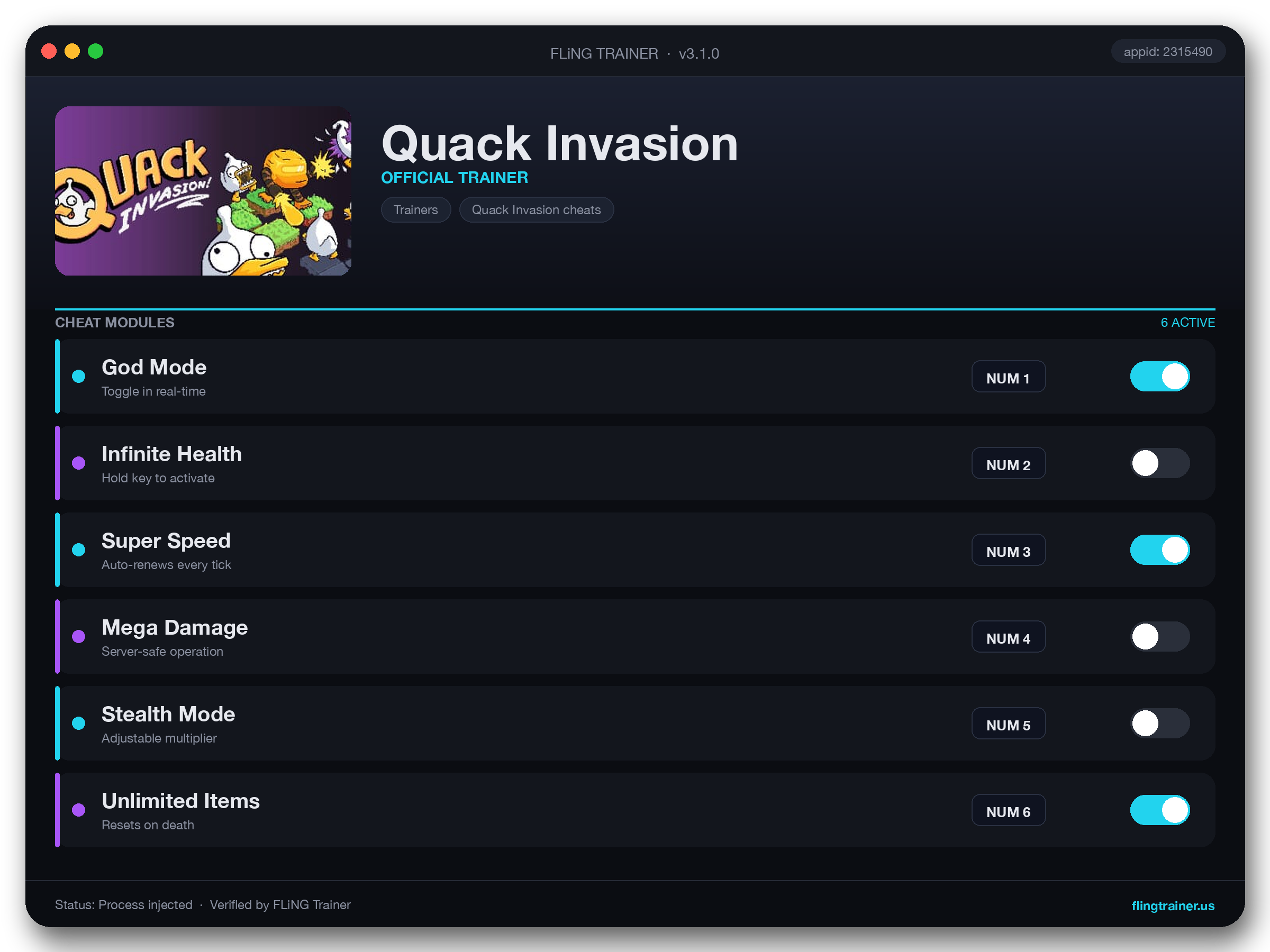 Quack Invasion Trainer interface