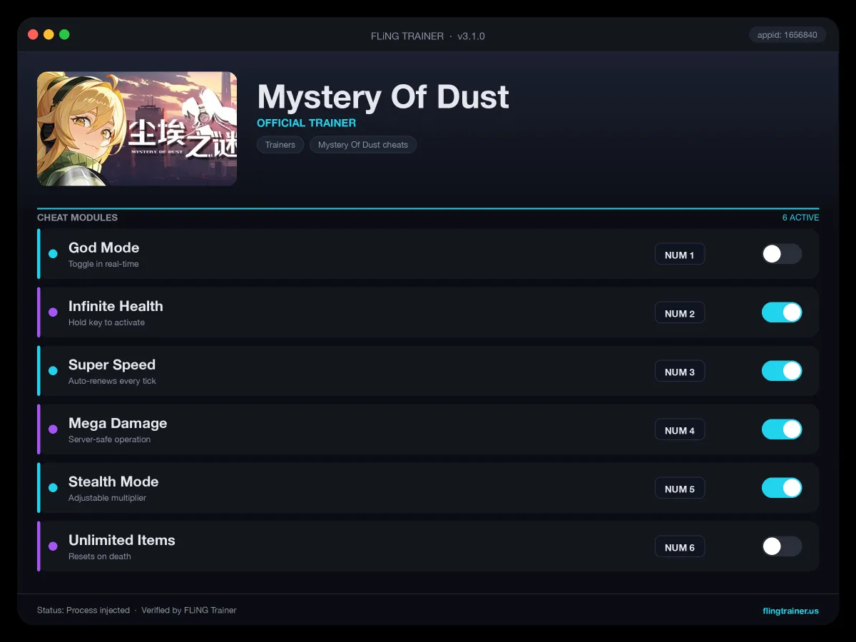 Mystery Of Dust Trainer interface