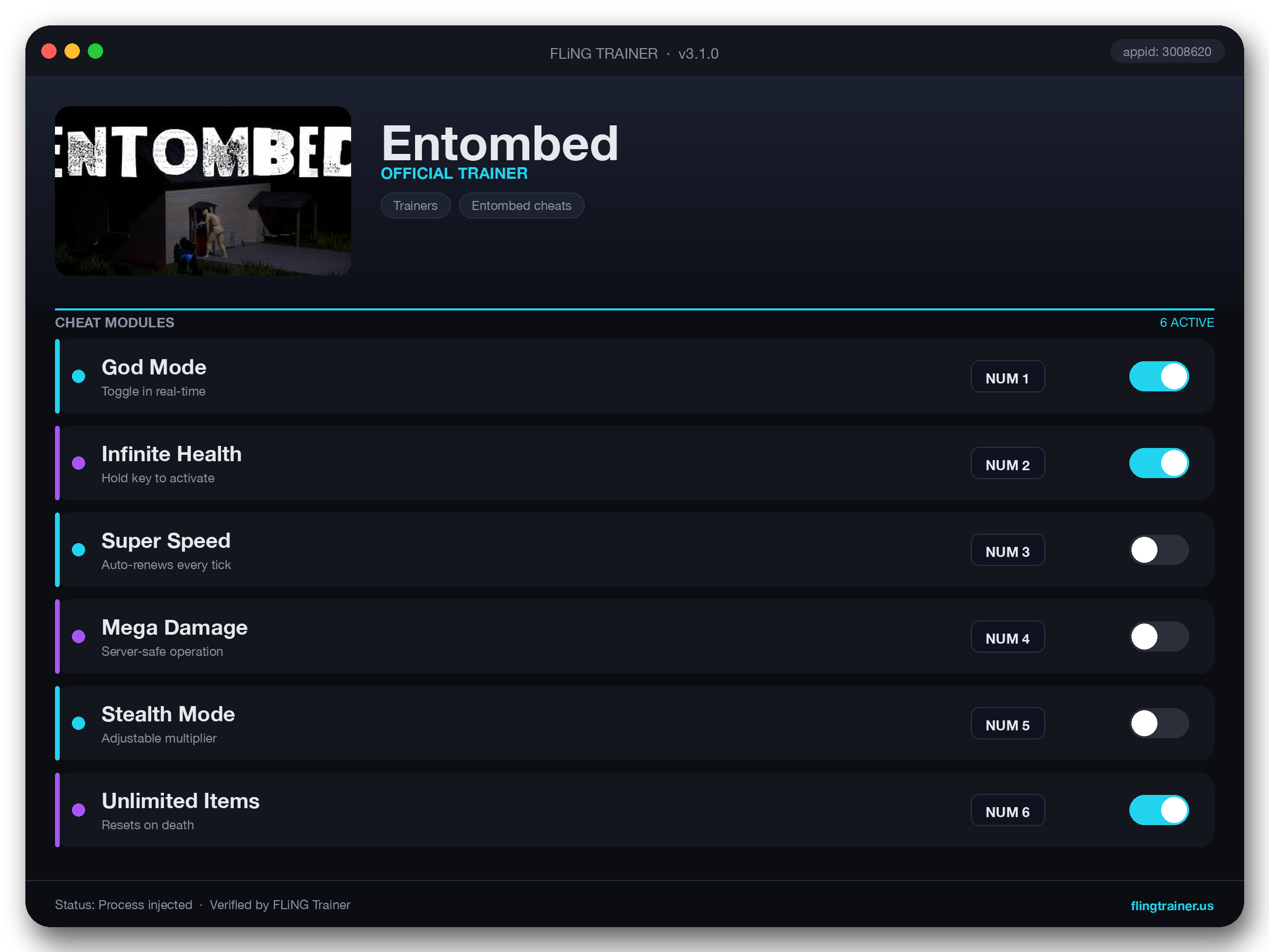 Entombed Trainer interface