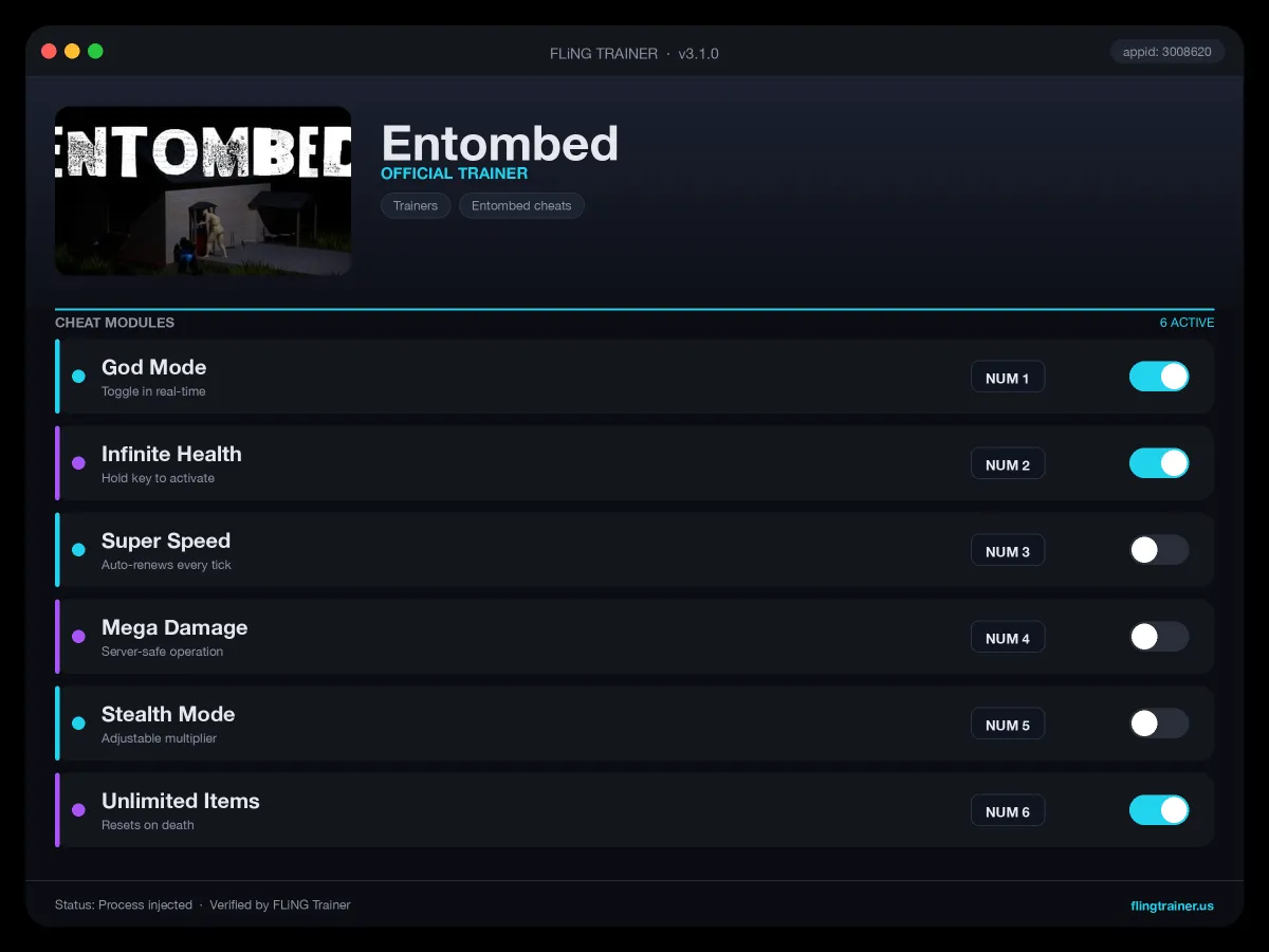 Entombed Trainer interface