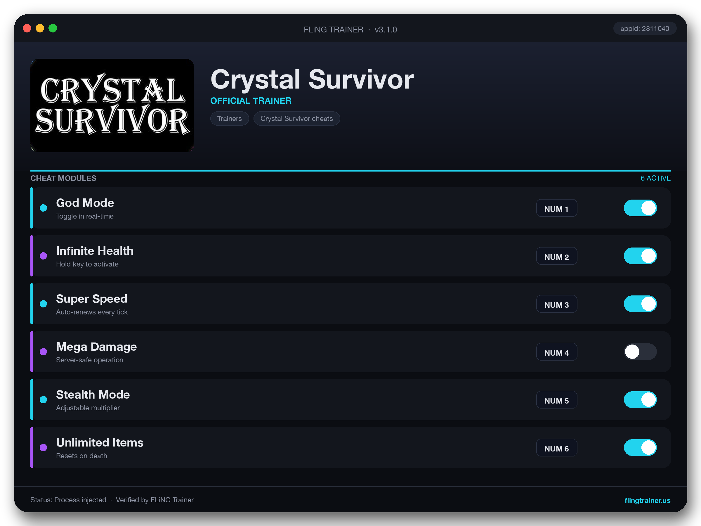 Crystal Survivor Trainer interface