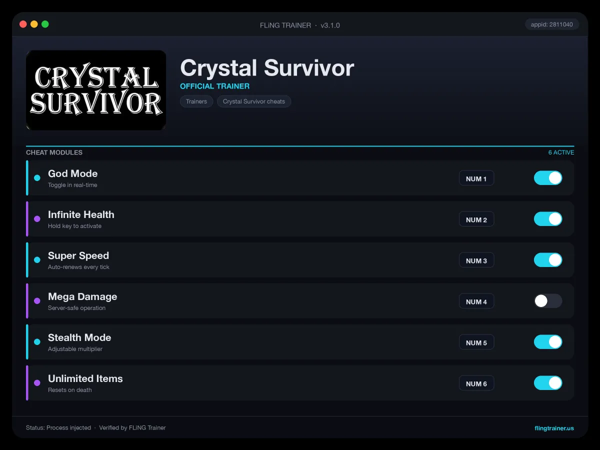 Crystal Survivor Trainer interface