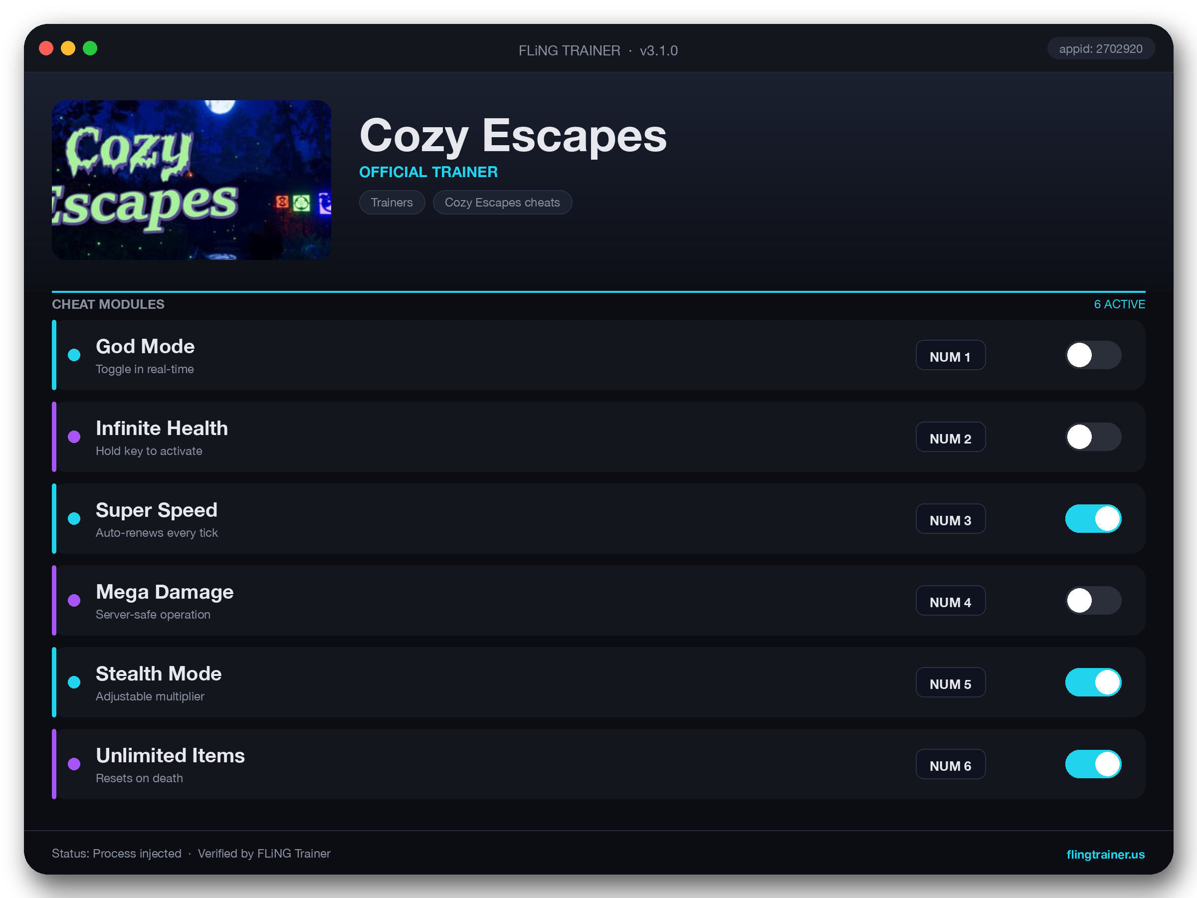 Cozy Escapes Trainer interface