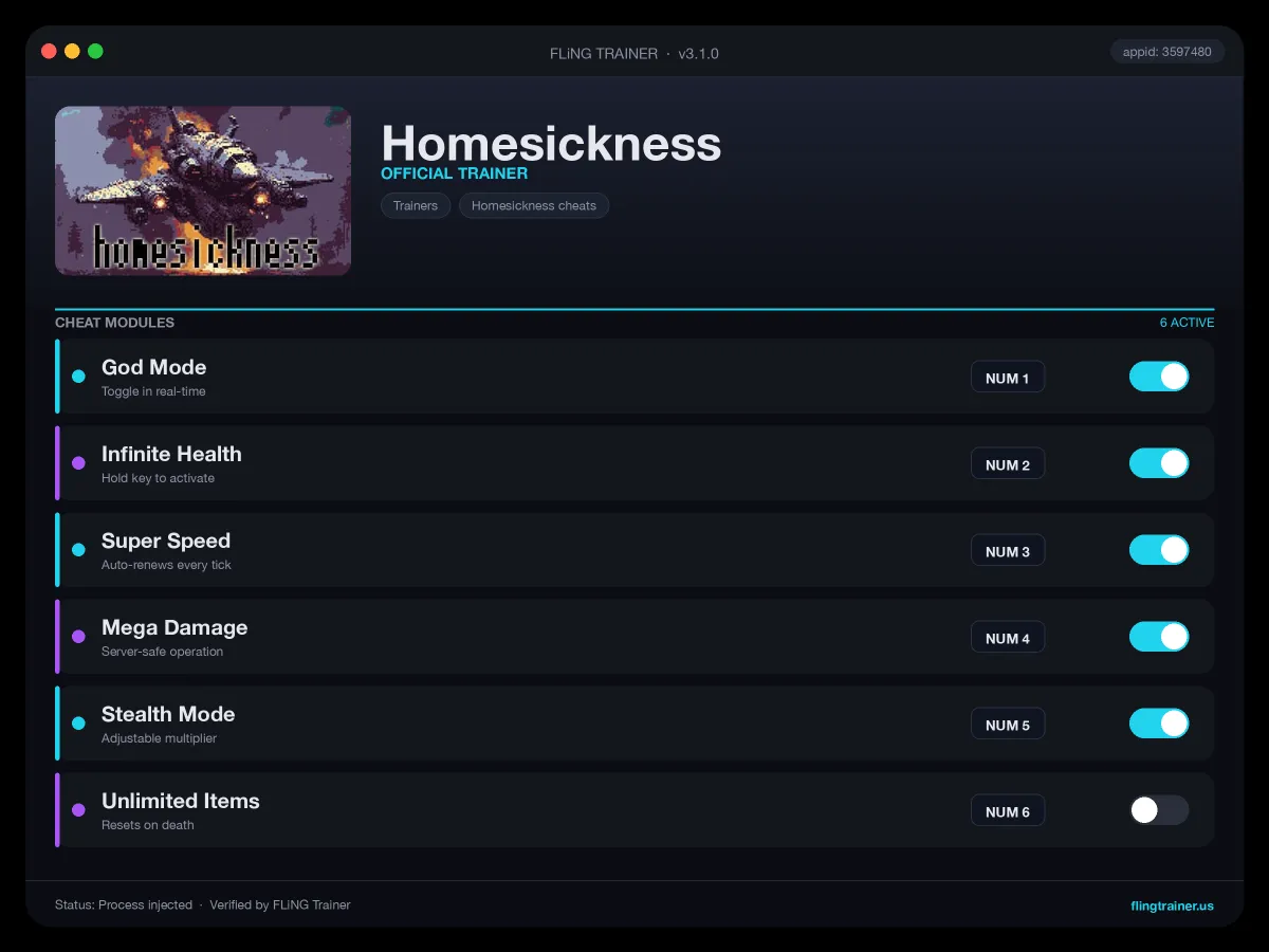 Homesickness Trainer interface