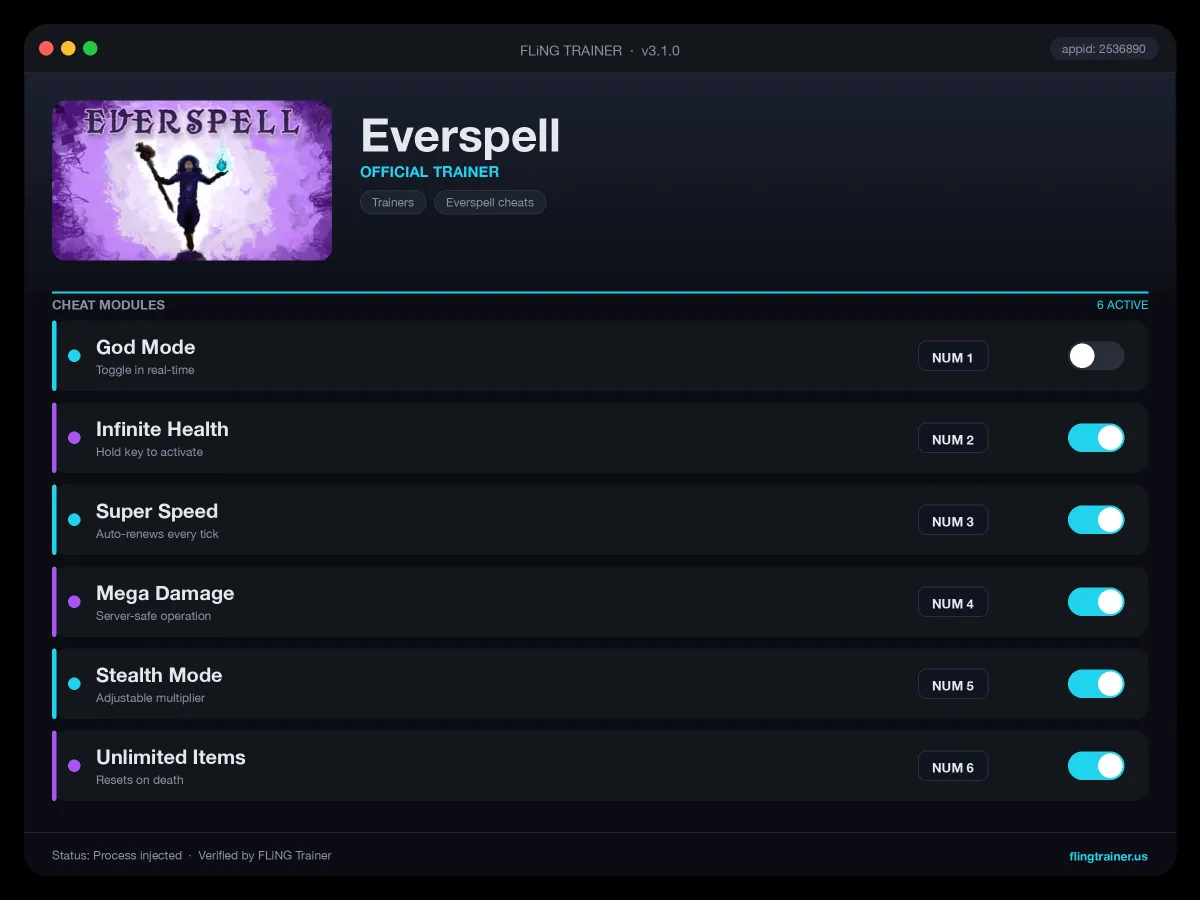 Everspell Trainer interface
