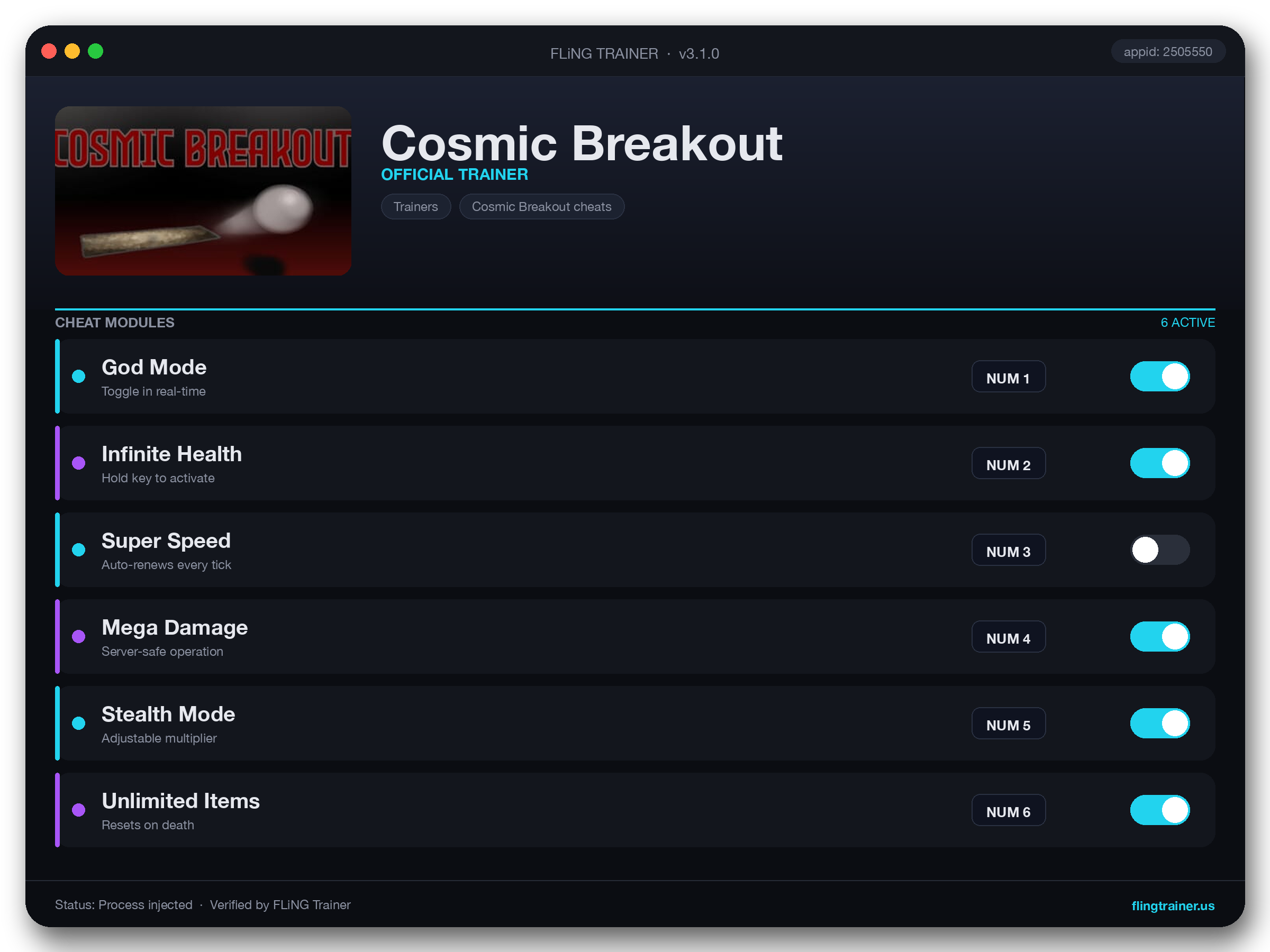 Cosmic Breakout Trainer interface