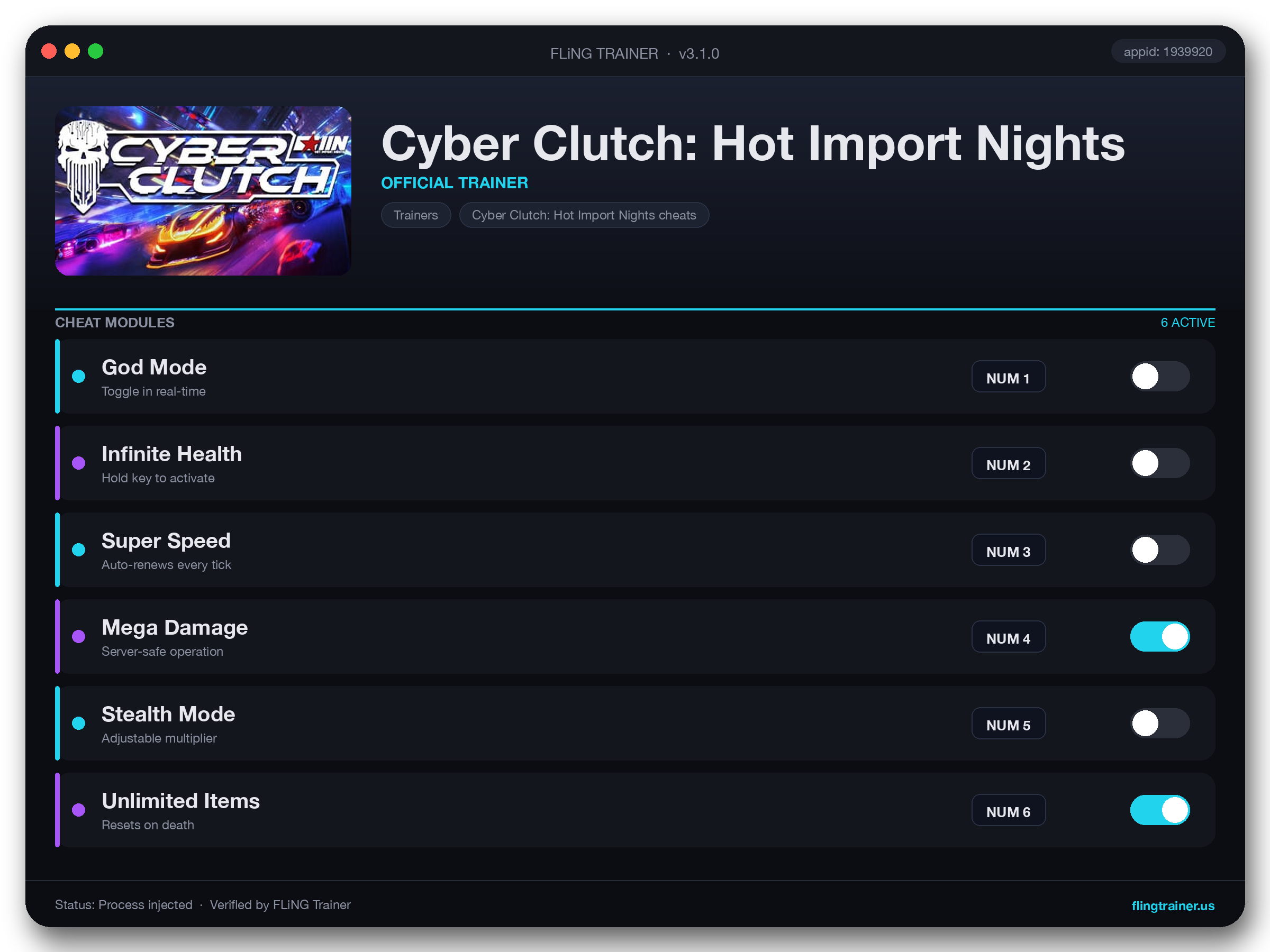 Cyber Clutch: Hot Import Nights Trainer interface