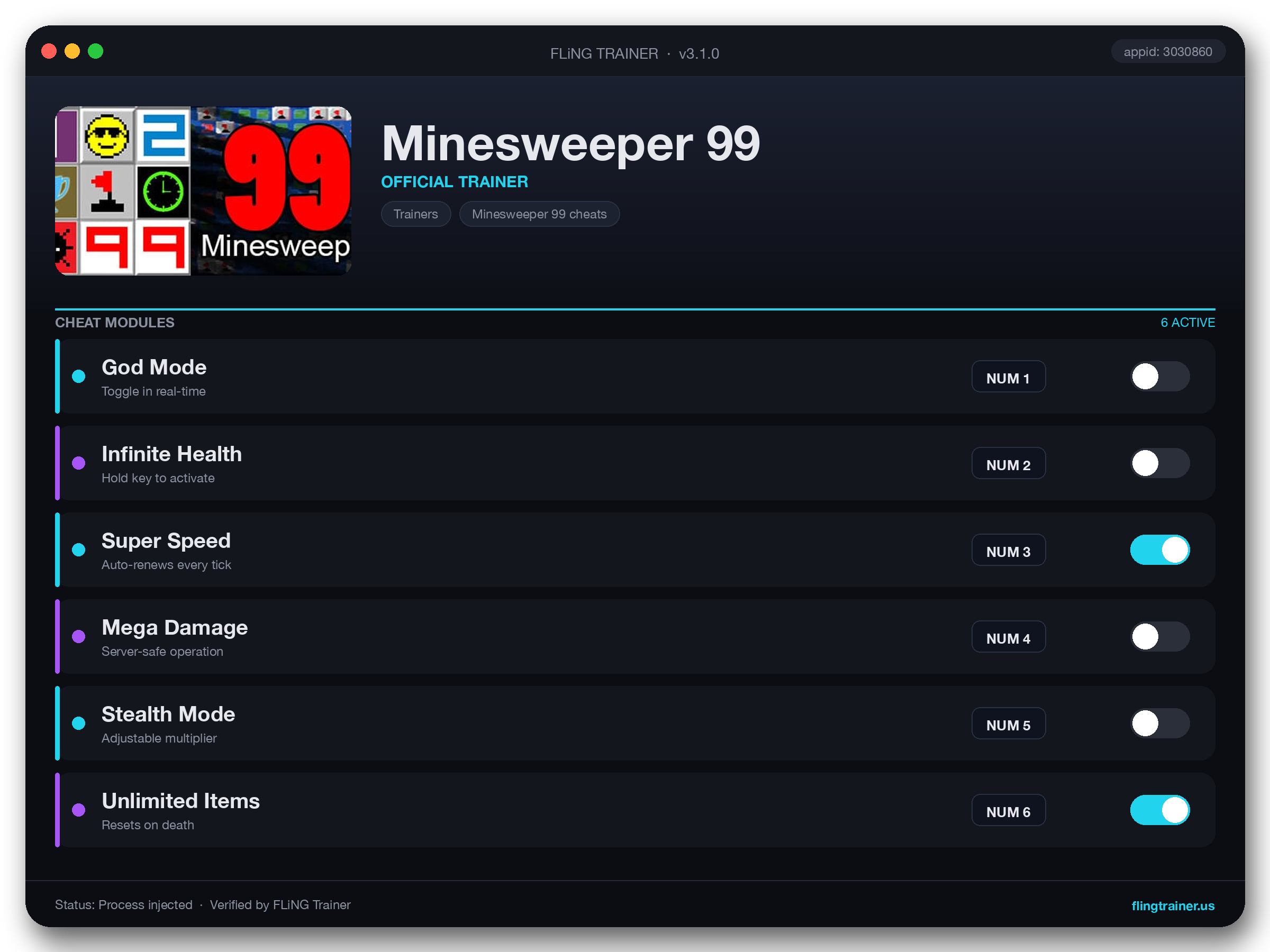 Minesweeper 99 Trainer interface