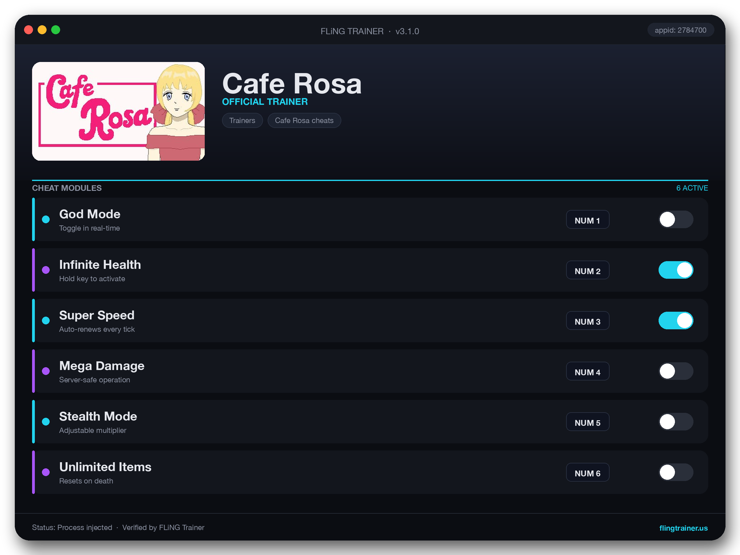 Cafe Rosa Trainer interface