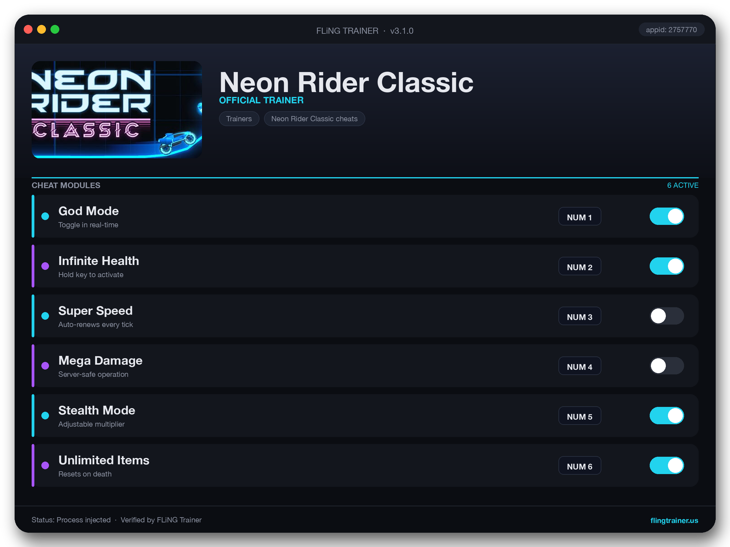 Neon Rider Classic Trainer interface