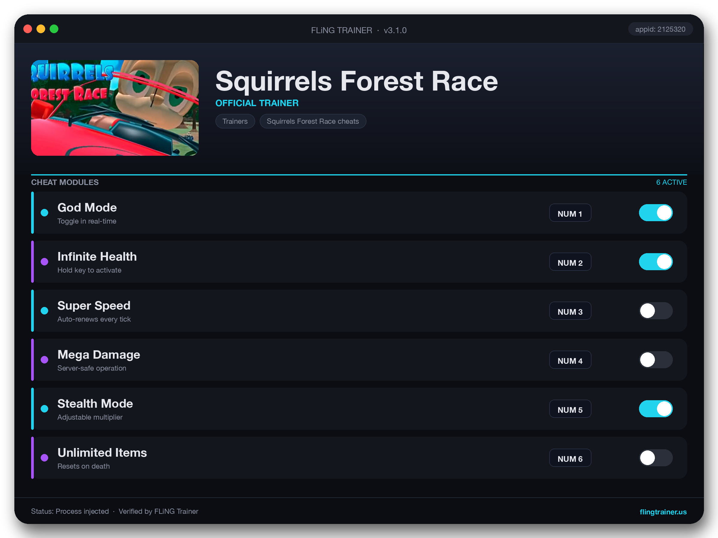Squirrels Forest Race Trainer interface